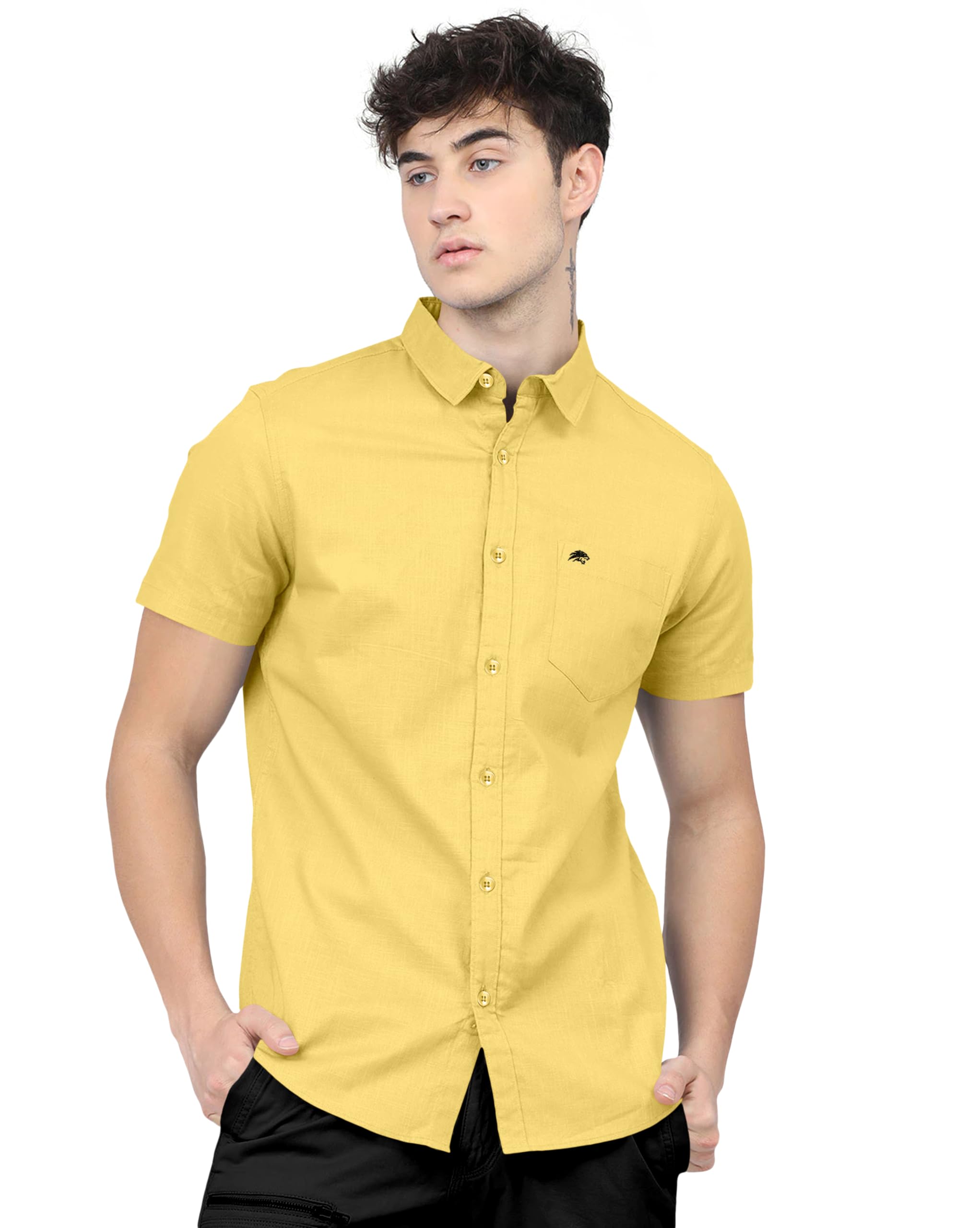 BRUCEWANE Men Cotton Half Sleeve Shirt - Lemon Yellow
