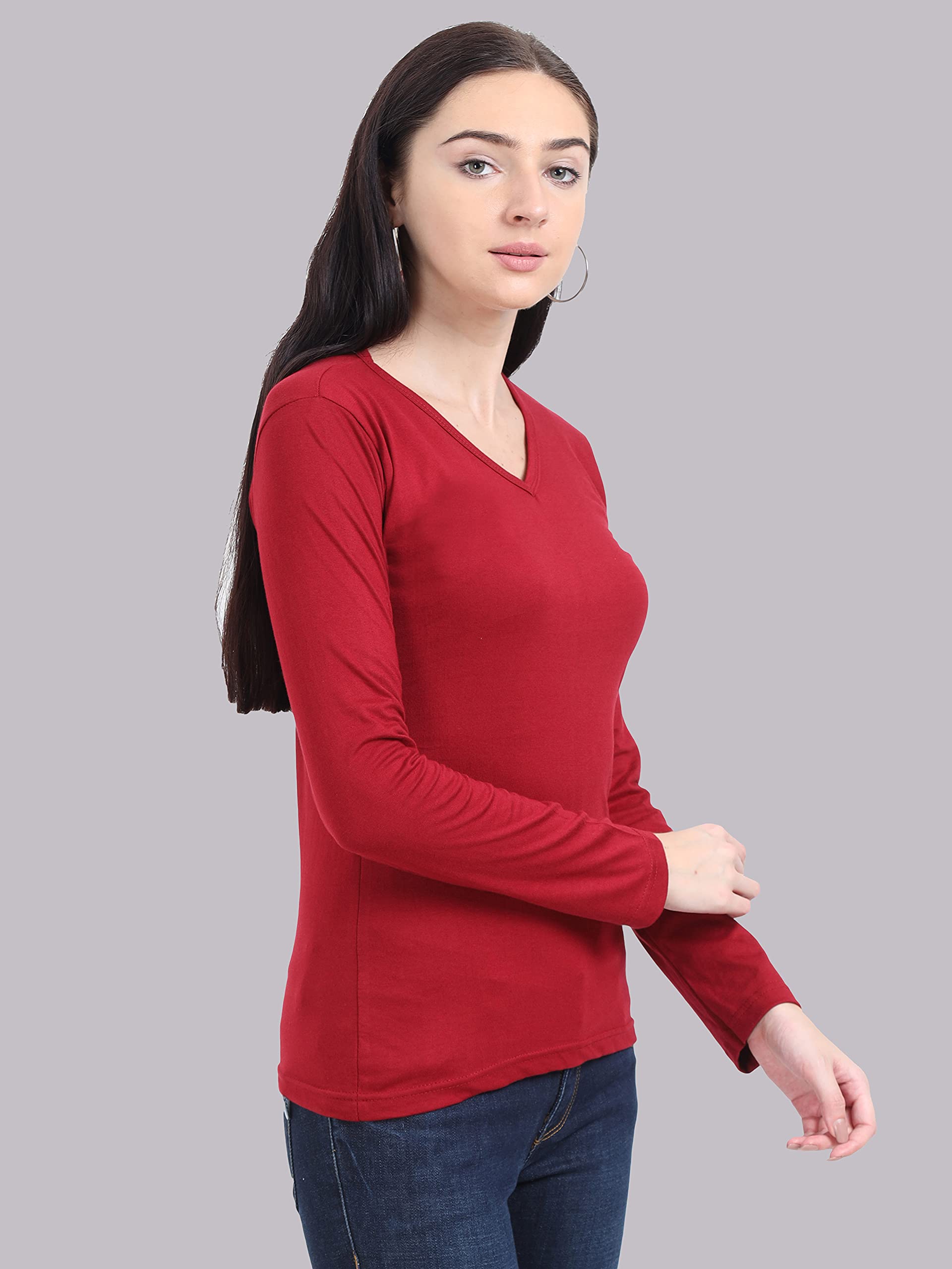 Maroon V-Neck Cotton T-Shirt for Women - Image 5