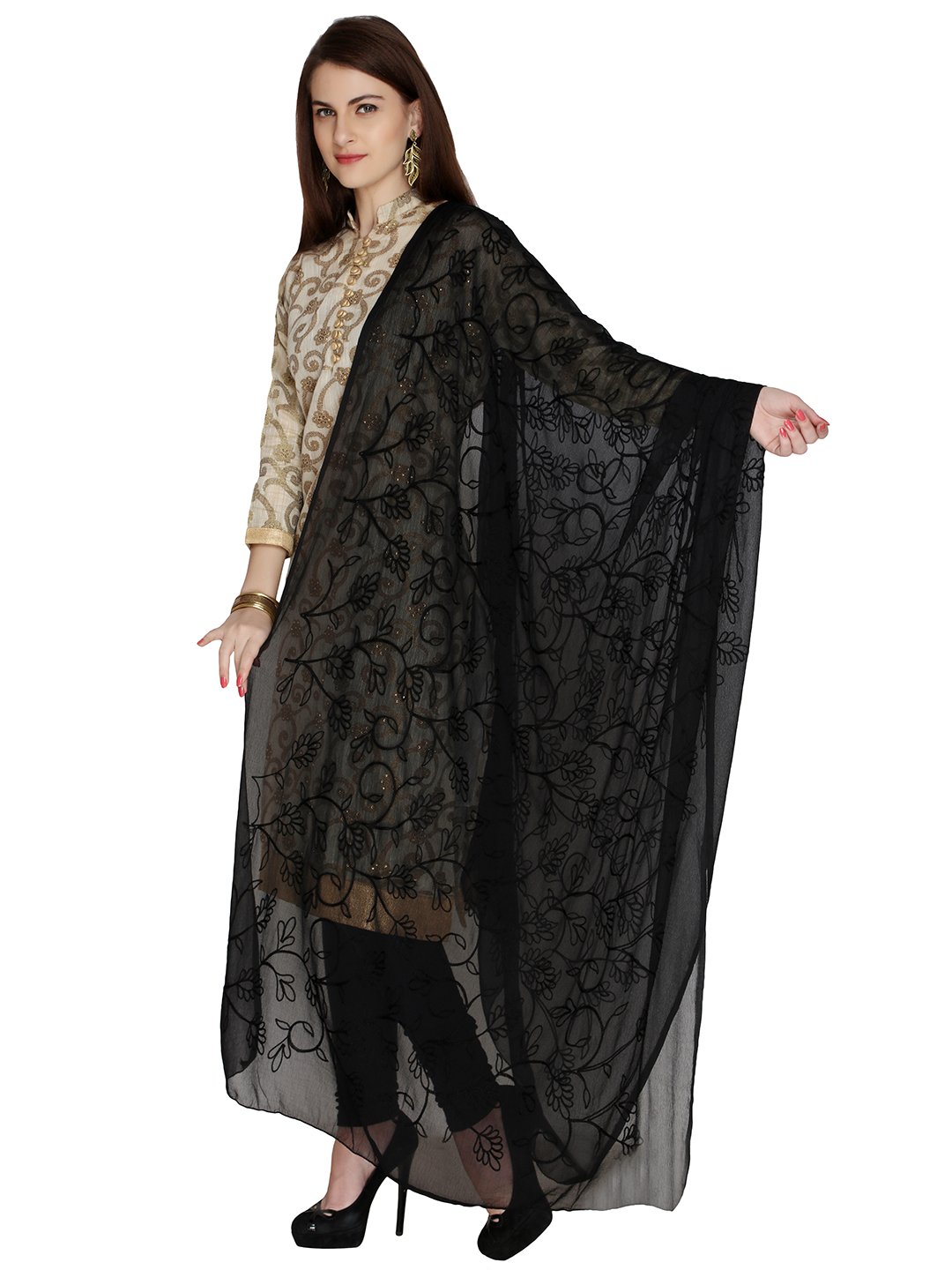 DUPATTA BAZAAR Woman Black Embrodiered Chiffon Dupatta