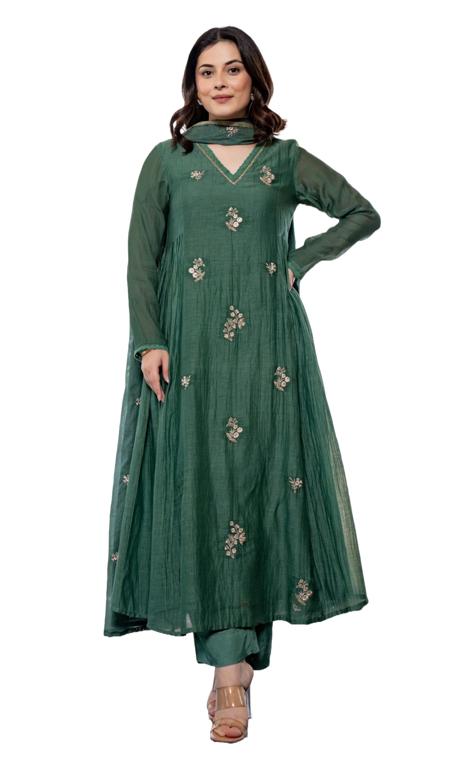 KLOSIA Women's Green Embroidered Anarkali Kurta
