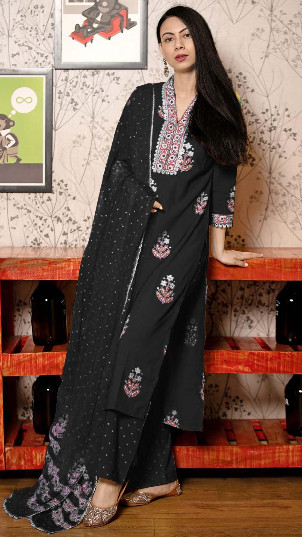 GoSriKi Women's Rayon Viscose Printed Kurta - Black - Image 3