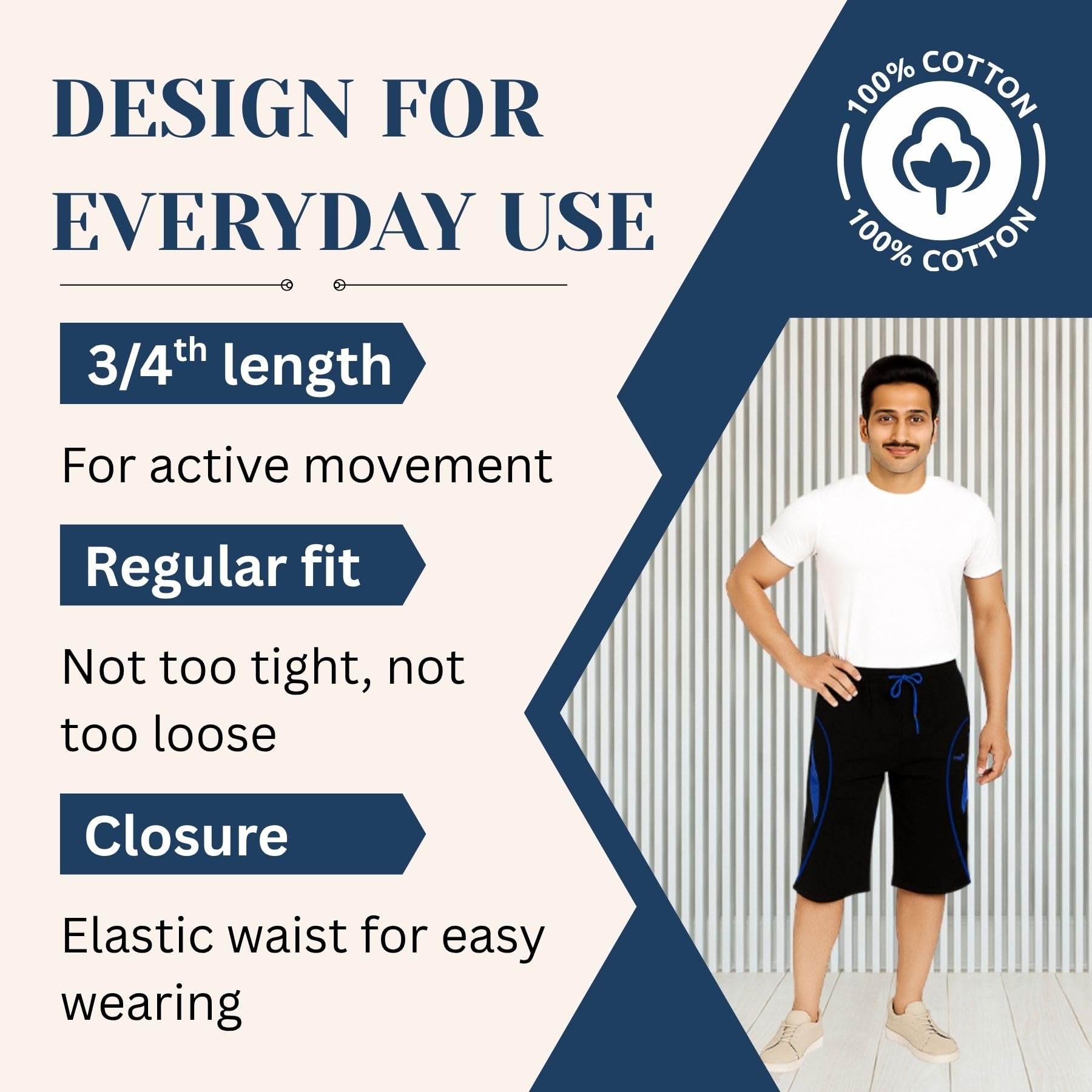 VEGO Mens Cotton Capri Pant - Black - Image 3