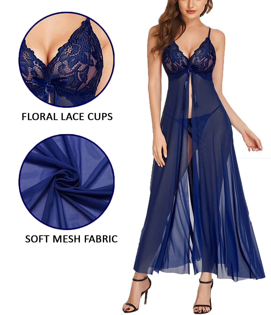 and Os Women Lace Net Maxi Nightwear - Navy Blue - Image 4