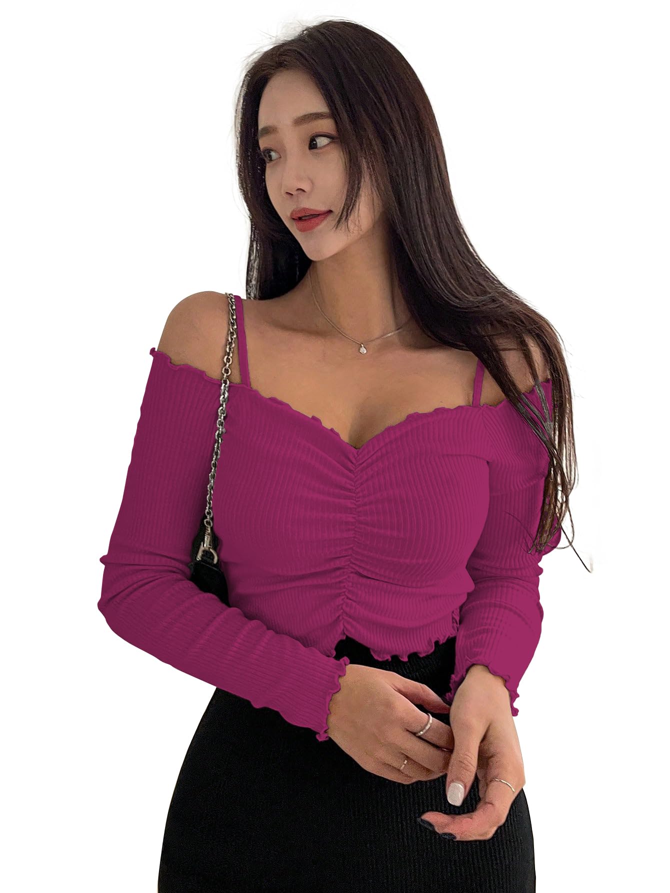 Sugathari Women's Wine Off Shoulder Long Sleeve