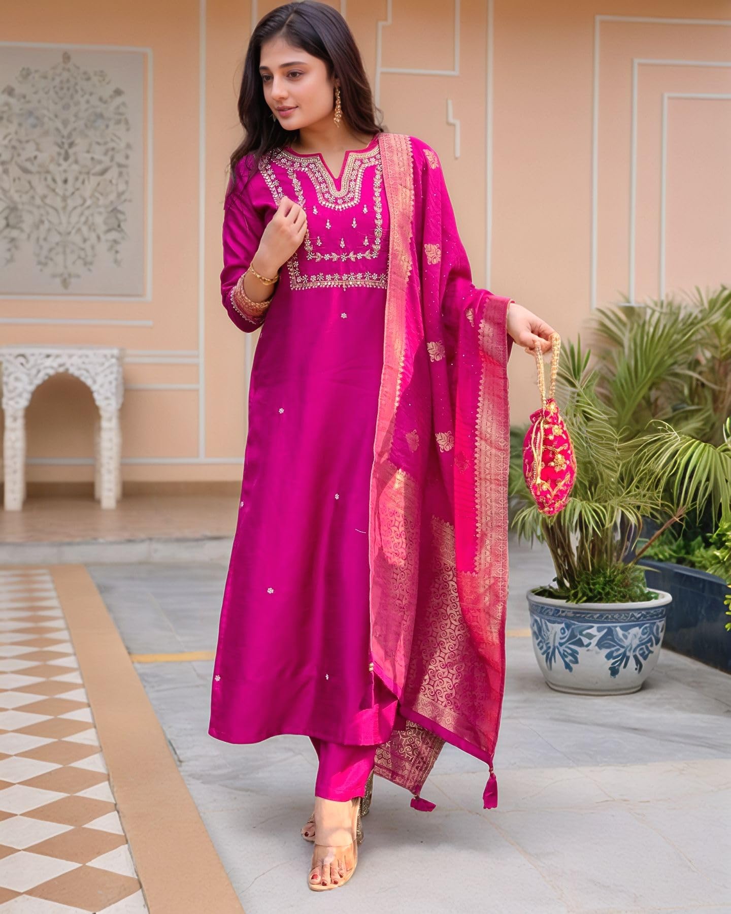 ANNI DESIGNER Women's Silk Blend Kurta - Pink - Image 2