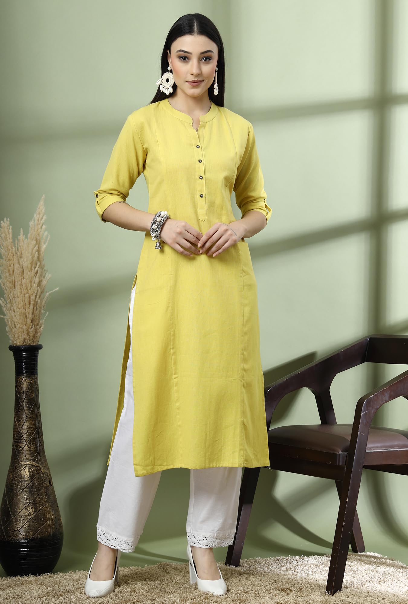GarbGlide Women Cotton Kurta - Lime Yellow - Image 2
