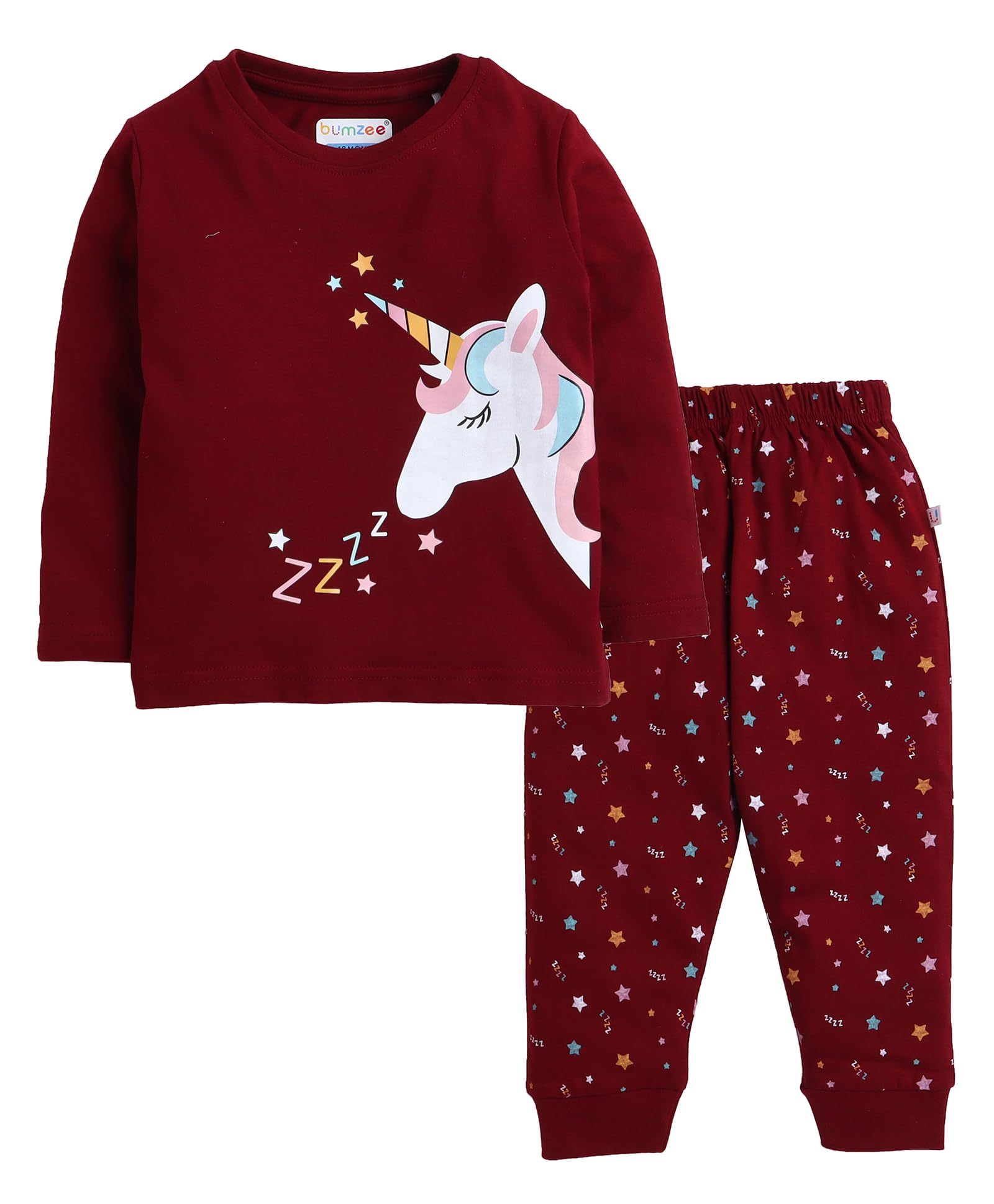 BUMZEE Girls Cotton T-Shirt And Pajama Set - Maroon