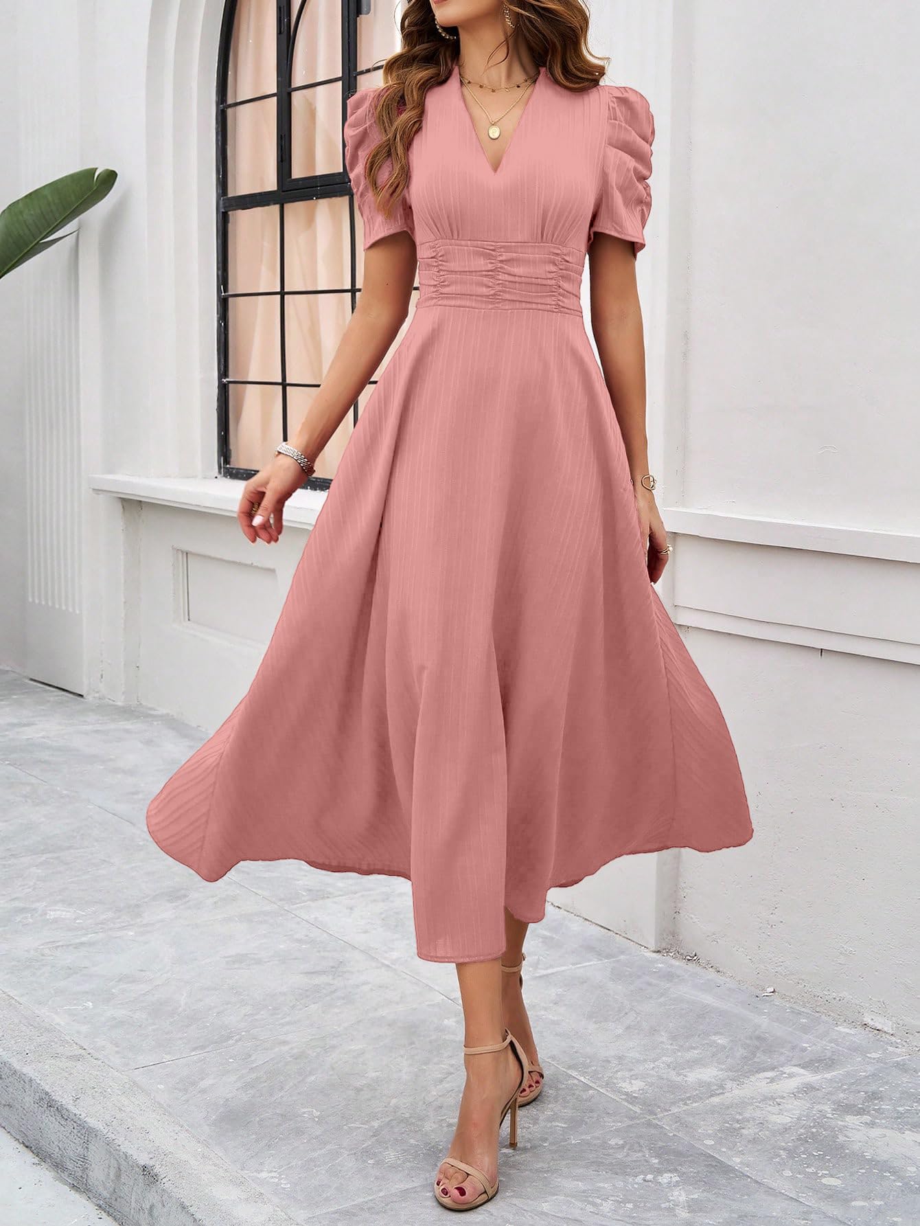 Peach V-Neck Maxi Dress for Women & Girls - Image 4