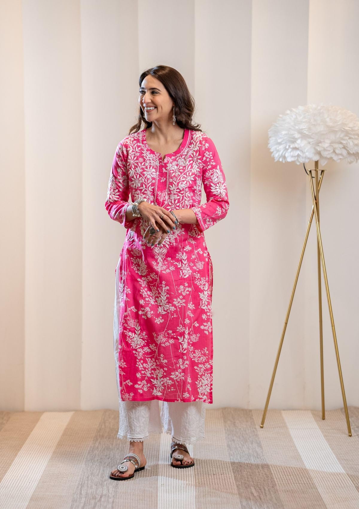 GoSriKi Women's Chikankari Embroidered Kurta - Pink - Image 3