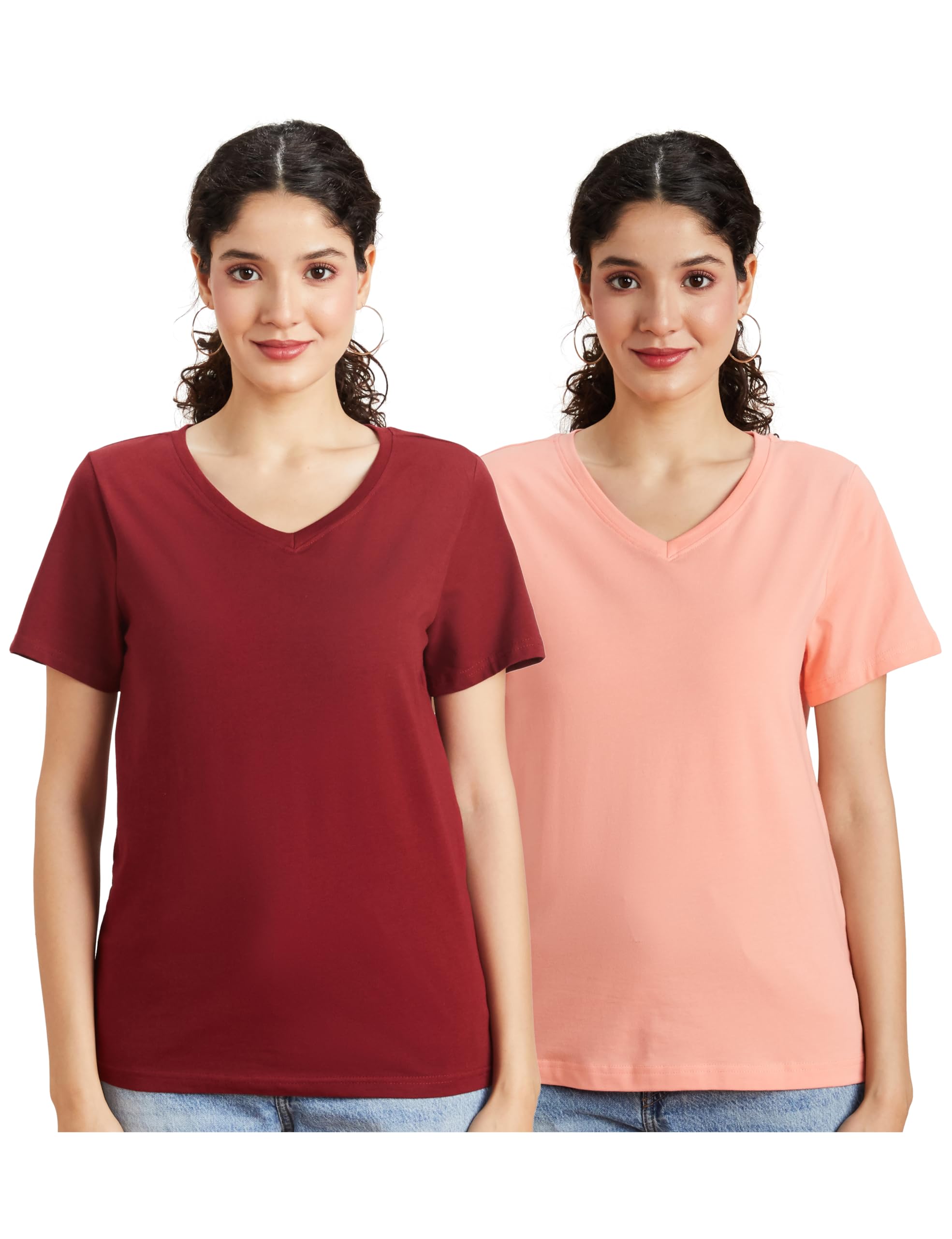 Cotton Stretch V Neck T-Shirts for Women - Coral Pink & Wine