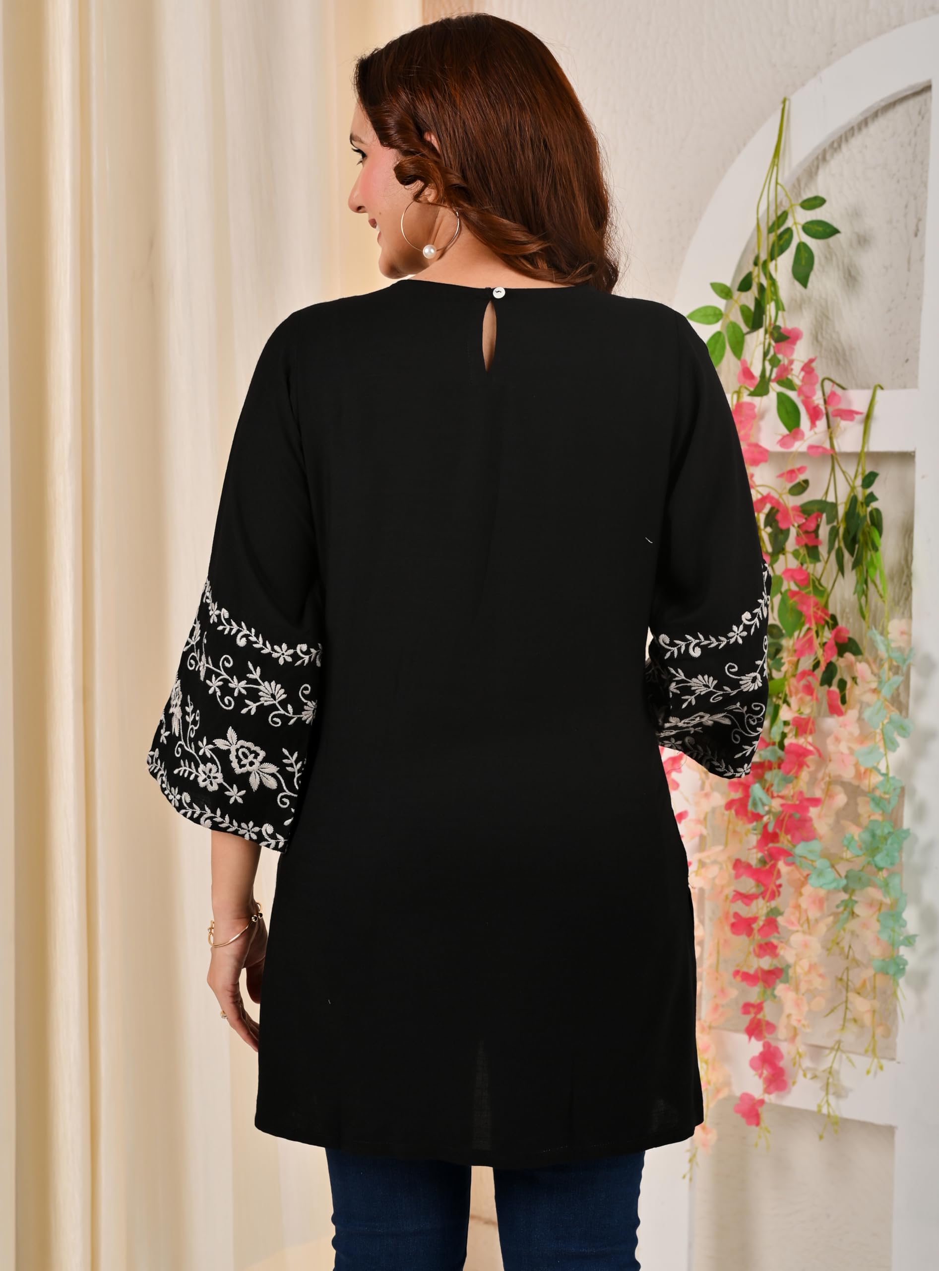 MAHIRA Black Rayon Kurti with Embroidered Sleeves - Image 5