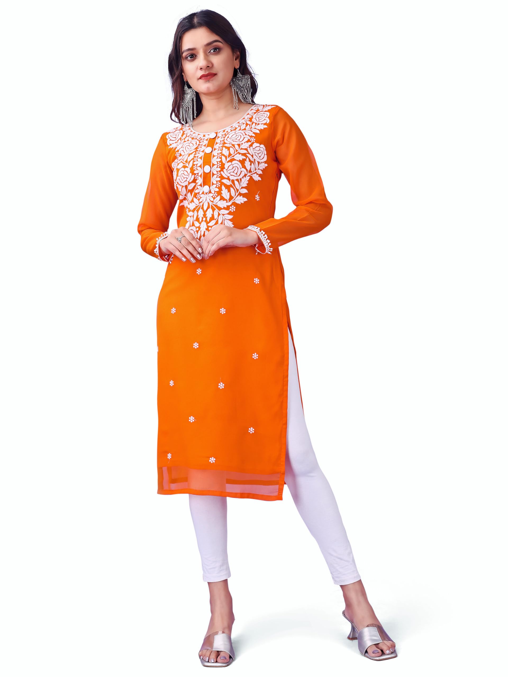 HESVI Women Georgette Kurti White Chikankari