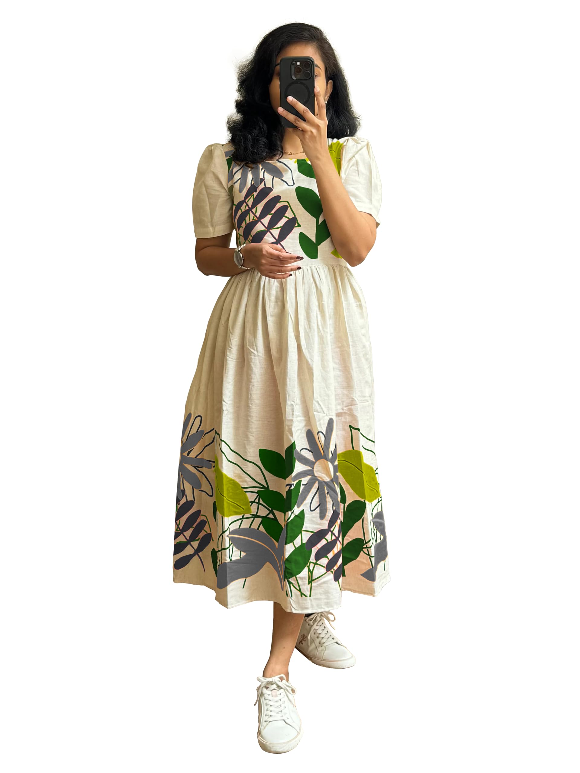 Shasmi Floral Print Midi Dress - Beige Green Grey