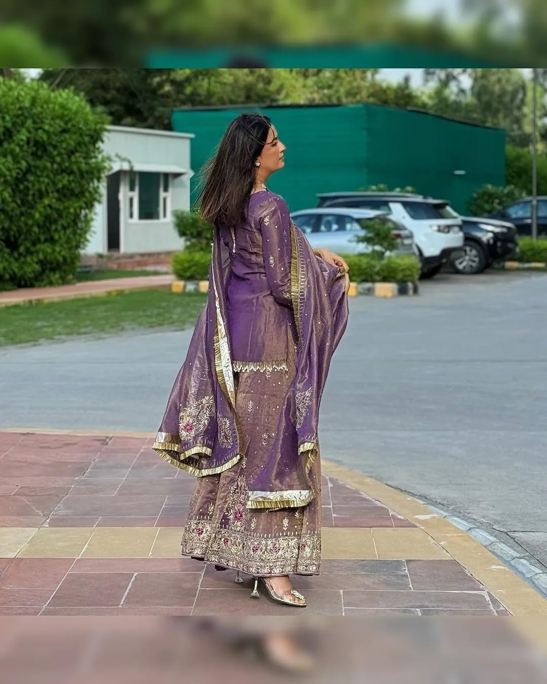 Purple Embroidered Sharara Suit with Dupatta - Image 2