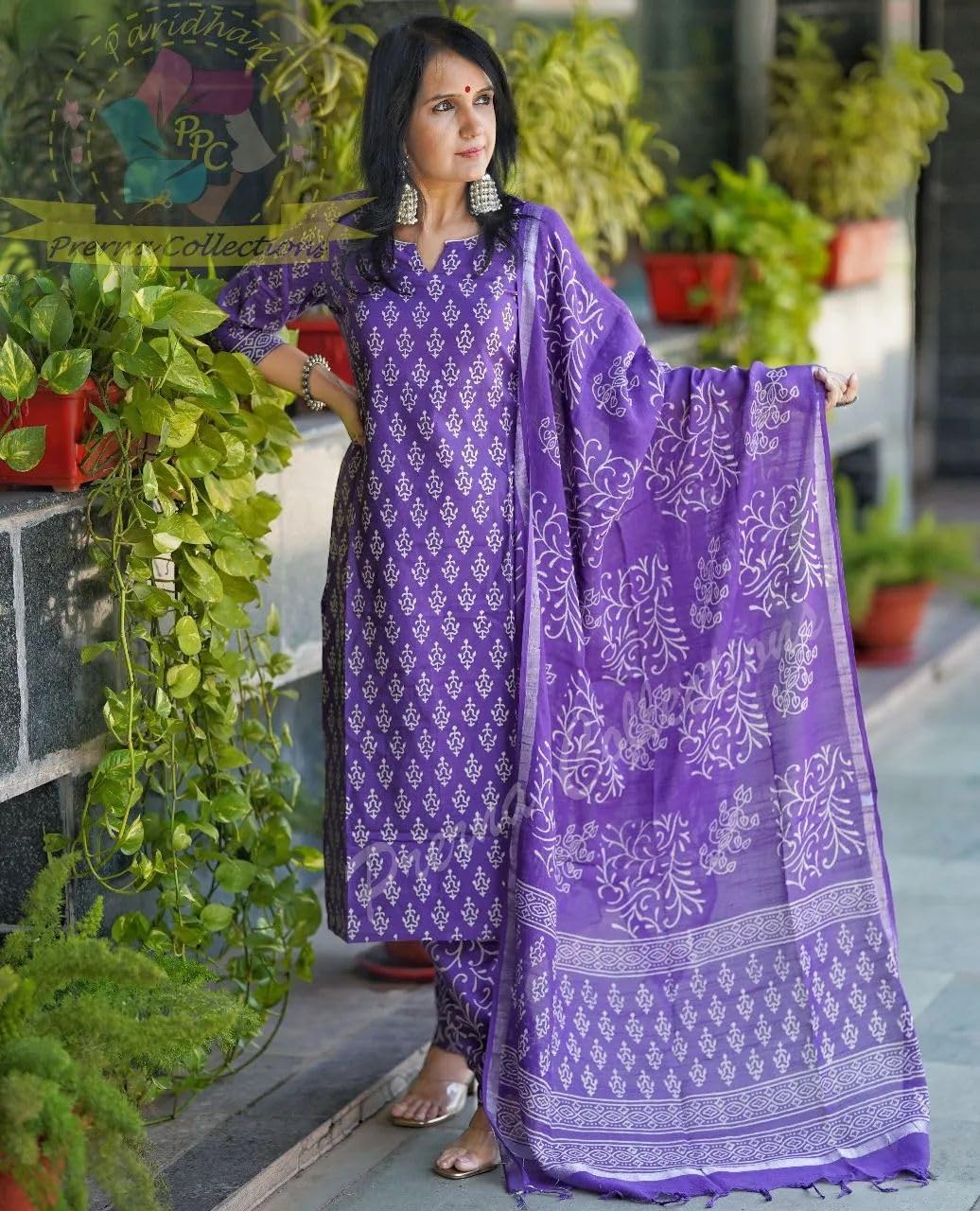 MEERA FAB Women's Cotton Printed Kurta Set - Purple - Image 2