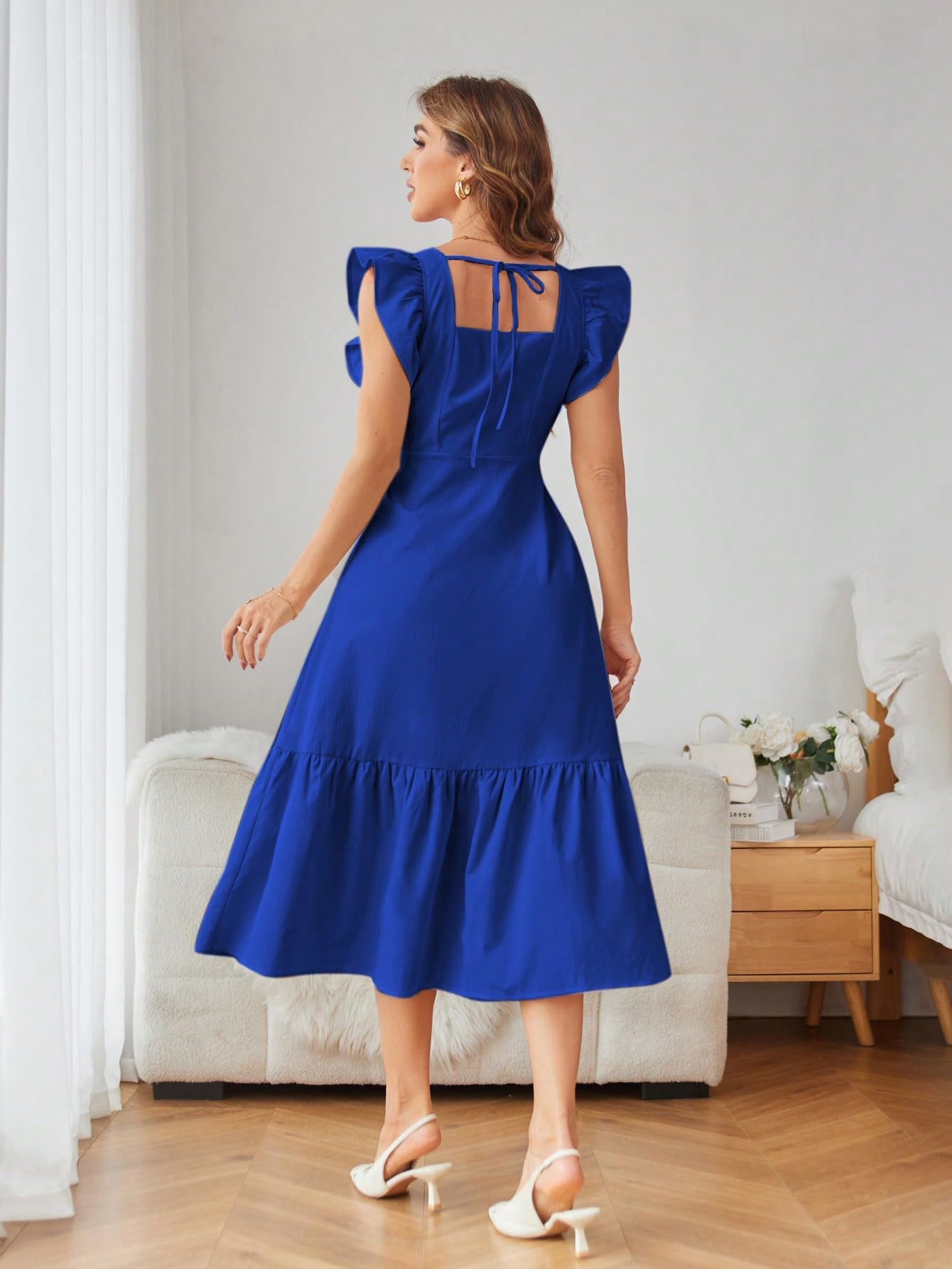 Royal Blue Square Neck Sleeveless Dress for Women - Image 2