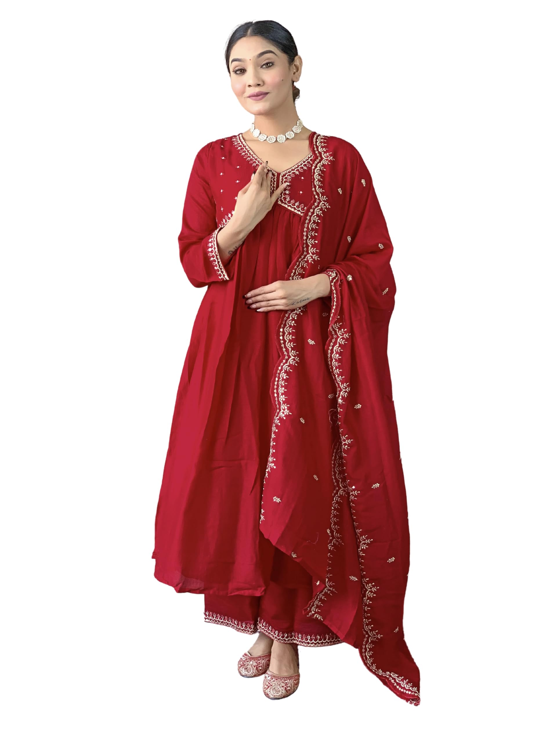Naixa Women's Red Vichitra Silk Embroidered A-line Kurta