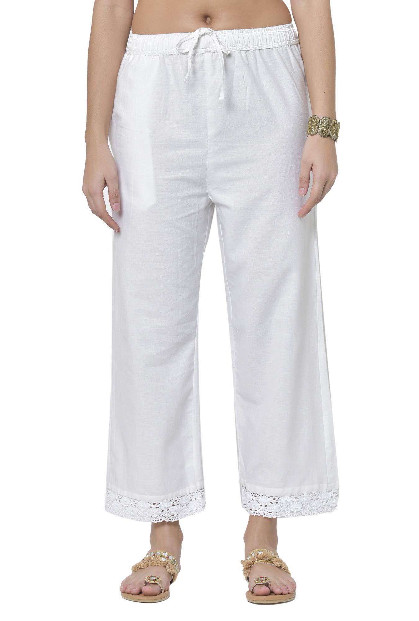 Pistaa White Cotton Palazzo Pants for Women