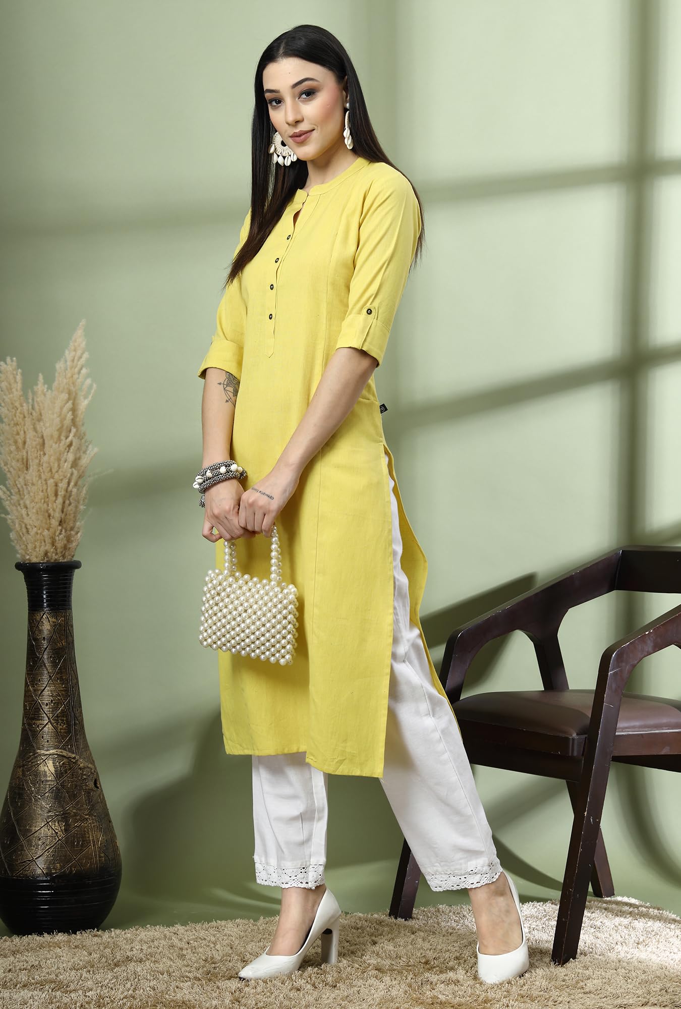 GarbGlide Women Cotton Kurta - Lime Yellow - Image 4