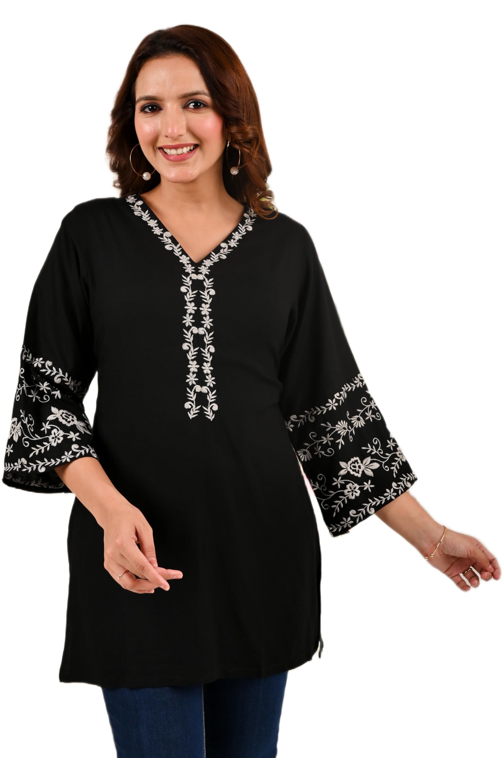 MAHIRA Black Rayon Kurti with Embroidered Sleeves