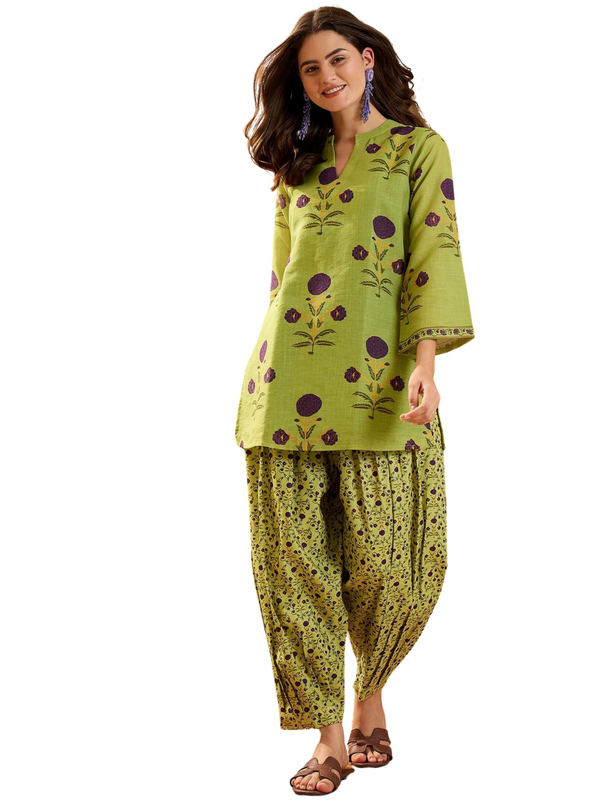 EthnicJunction Linen Kurti with Afghani Pant Set