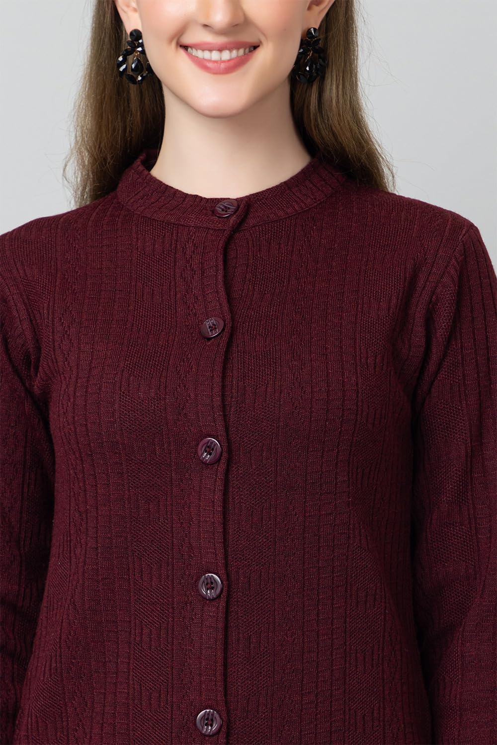 HIFZAA Women's Woolen Cardigan - Wine - Image 4