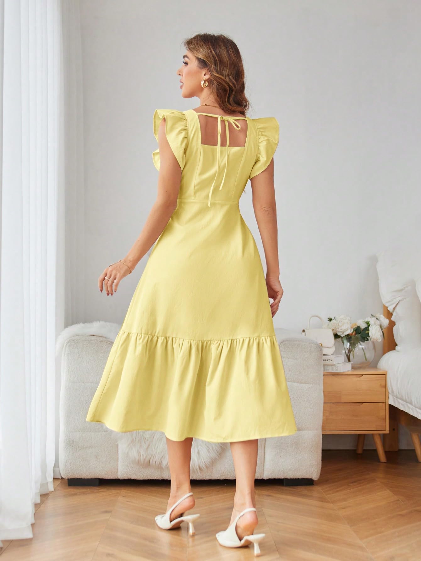 Shasmi Yellow Square Neck Ruffle Dress for Women - Image 2