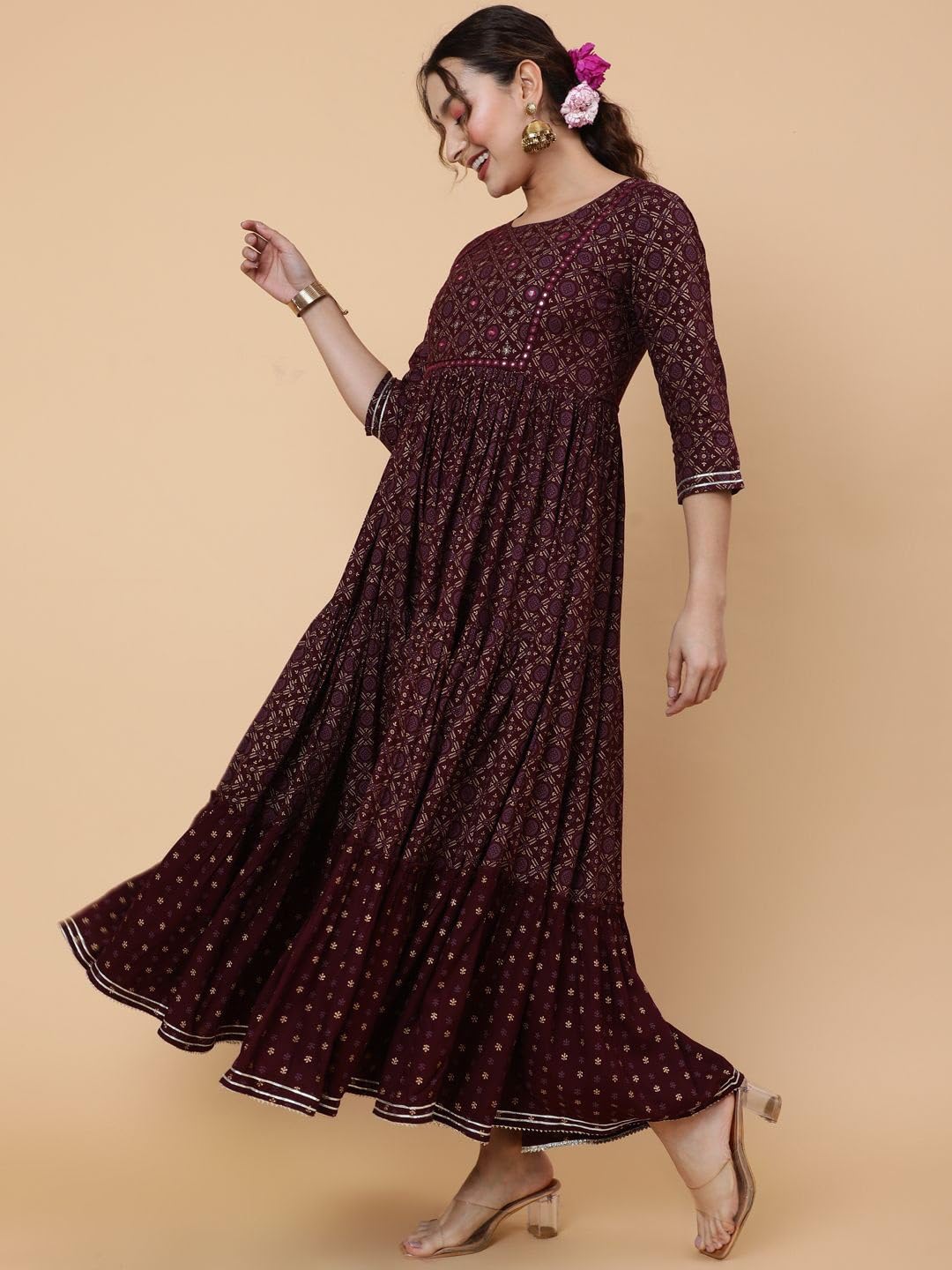 AZQU Floral Anarkali Kurta - Maroon - Image 5