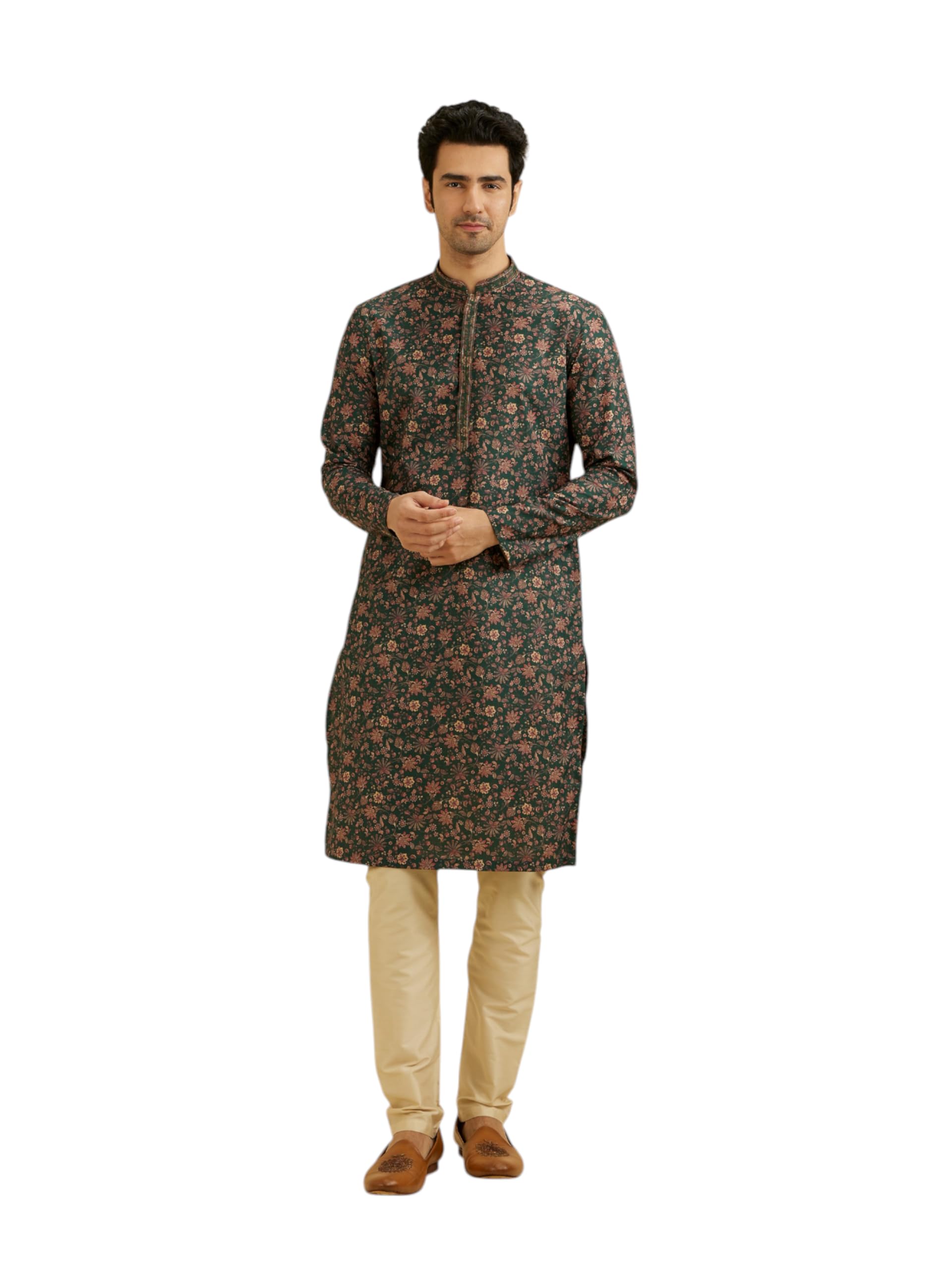 Manyavar Men's Digital Print Kurta Set - Dark Green