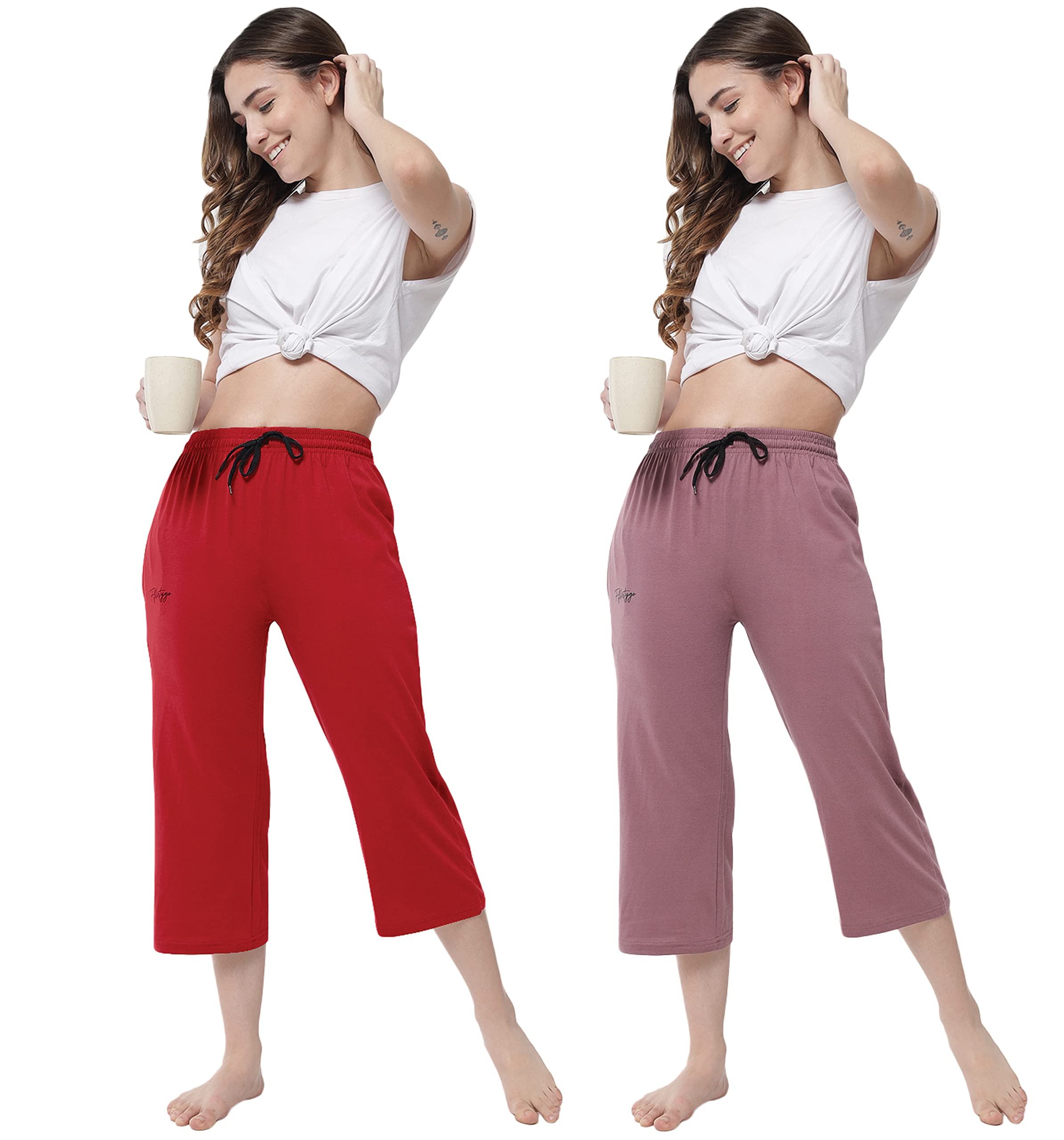 Fflirtygo Cotton Capri Set for Women - Lavender & Red - Image 2
