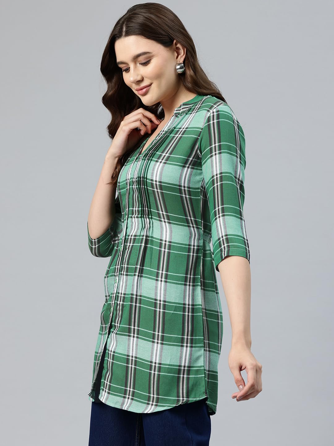 One Femme Green Plaid Tunic Top for Women - Image 3