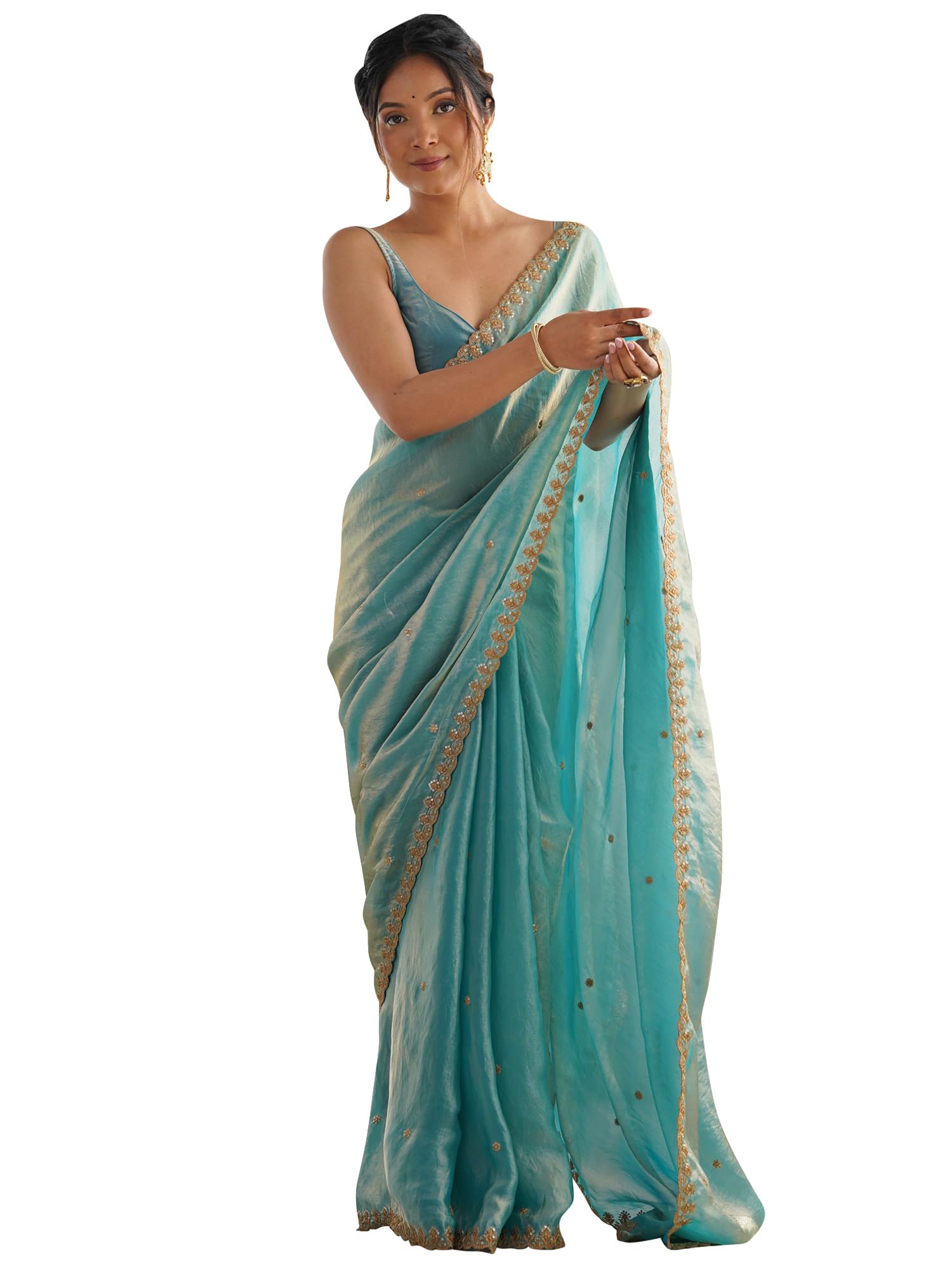 Paper Silk Embroidered Saree - Light Blue