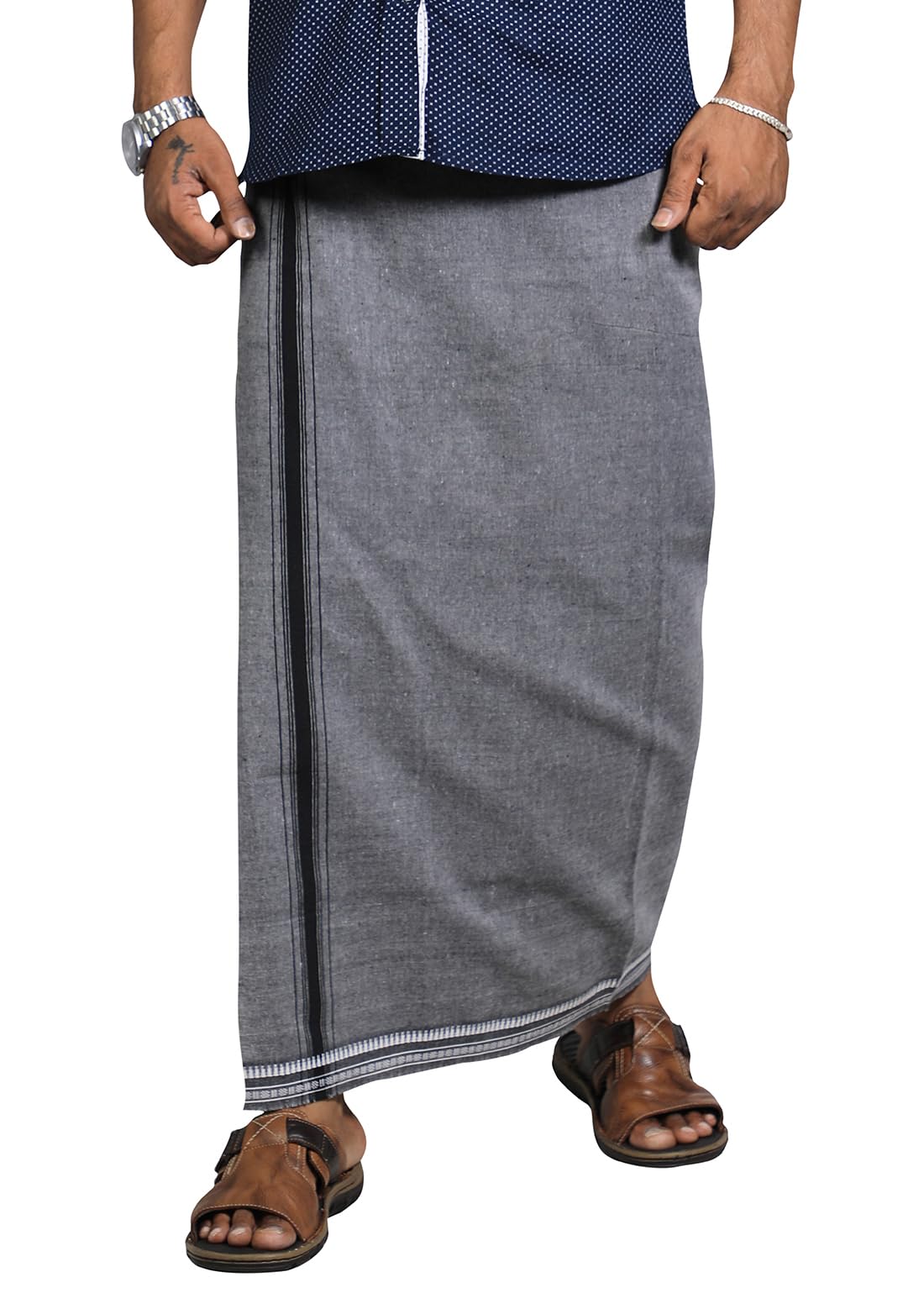PRAKASAM Mens Cotton Kerala Dhoti - Ash - Image 2