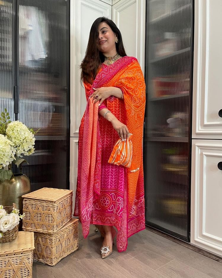 GoSriKi Women's Bandhej Printed Kurta with Pant & Dupatta - Image 5