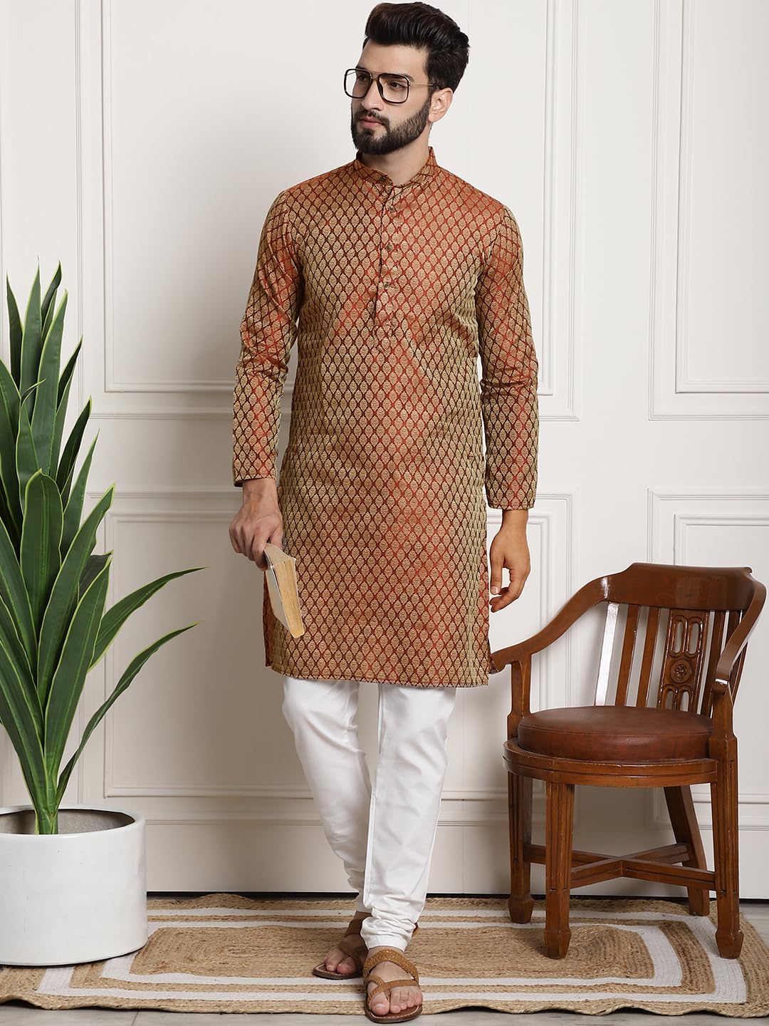 SOJANYA Men's Kurta and Churidar Pyjama Set - Orange White - Image 2