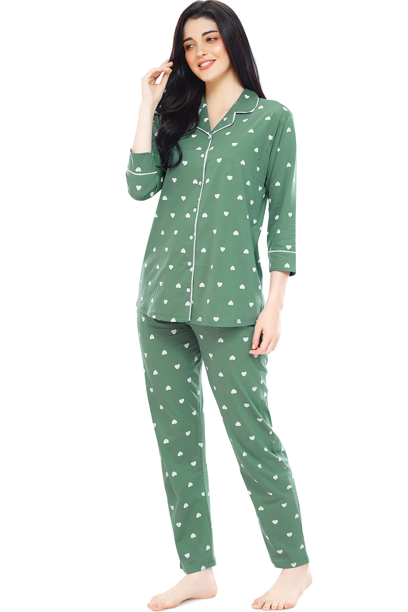 ZEYO Women's Cotton Heart Printed Green Night Suit - Image 4