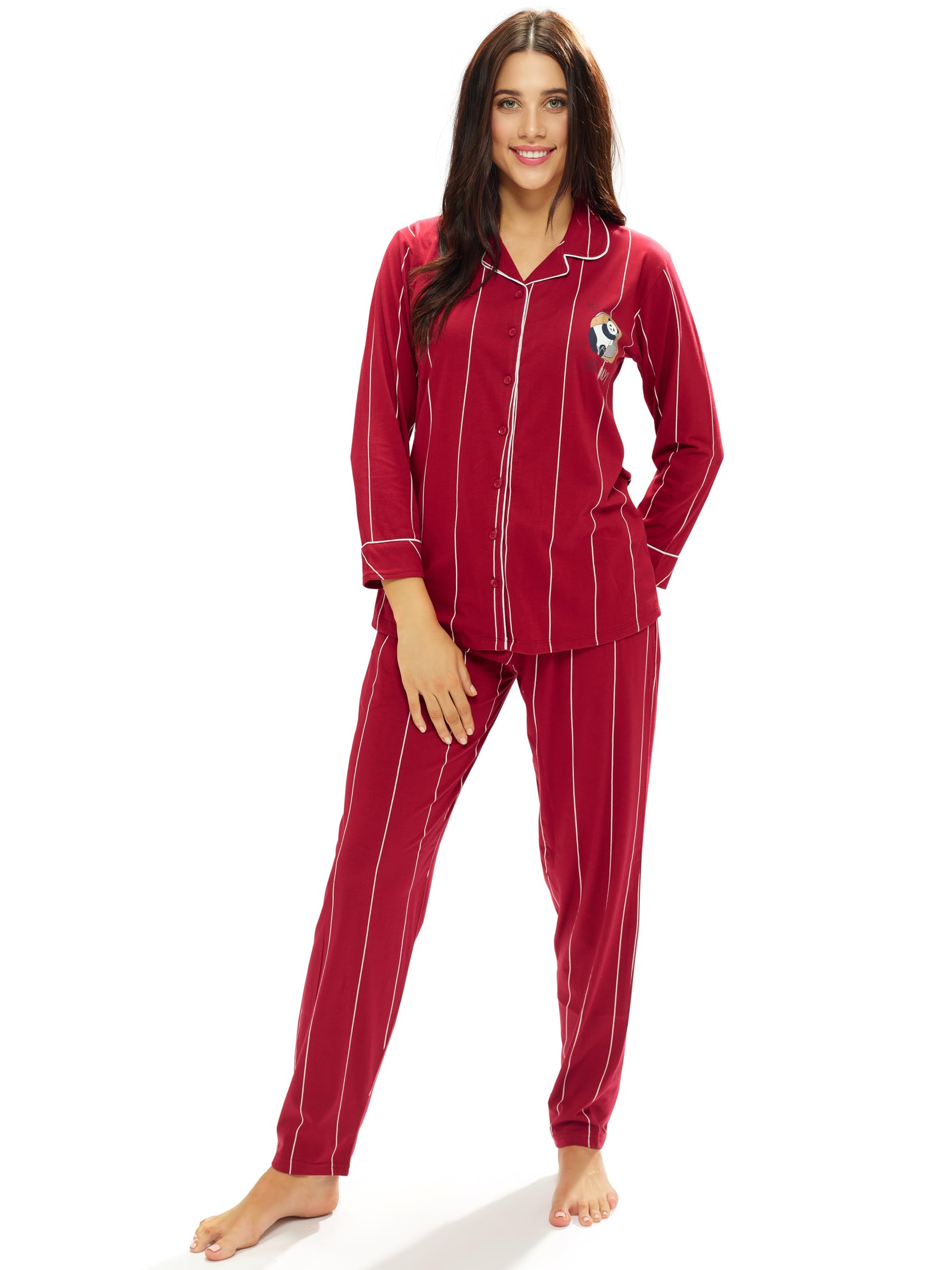 LOTIK Women's Maroon Strip Printed Nightsuit