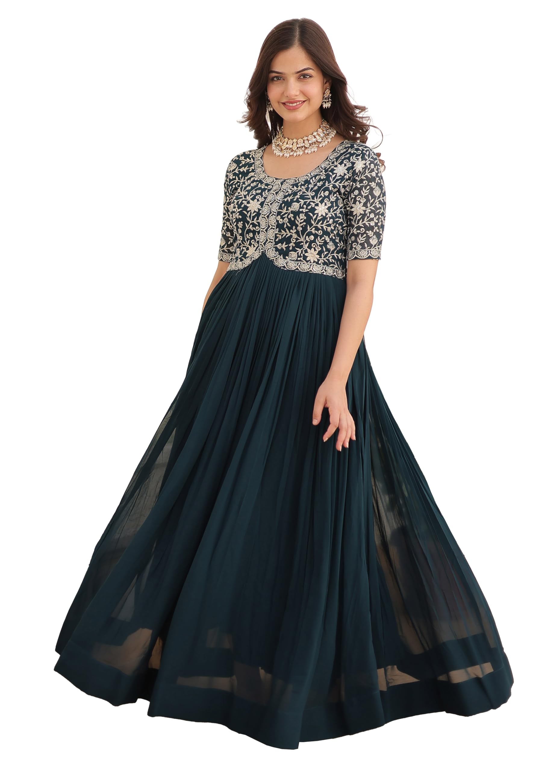 Turquoise Georgette Embroidered Anarkali Gown for Women