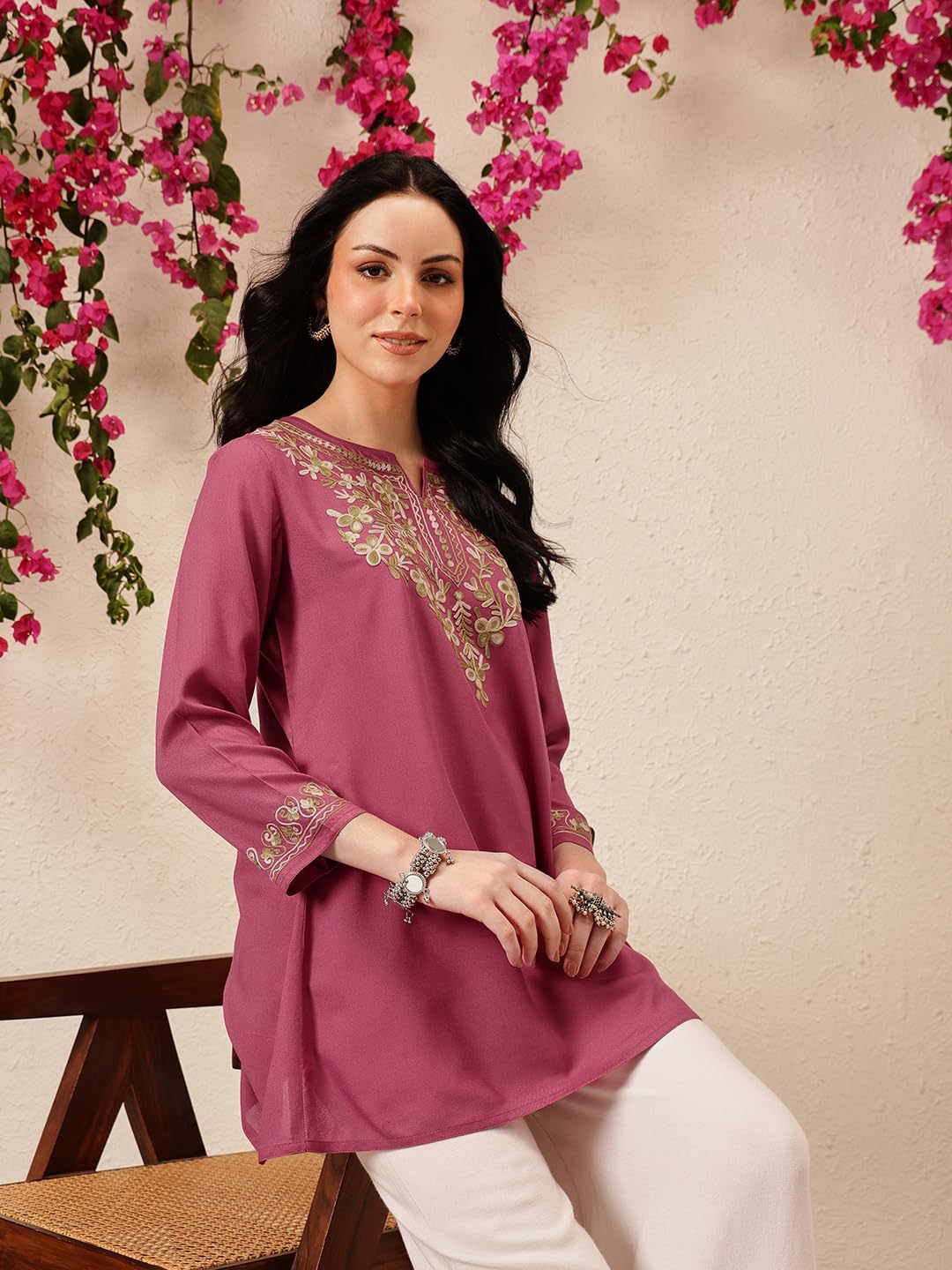 QAZMI Women's Pink Kashmiri Embroidered Kurti - Image 3