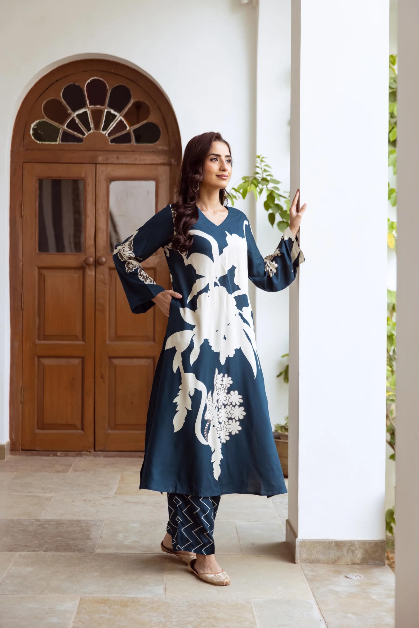 GoSriKi Women's Rayon Kurta with Palazzo - Blue - Image 3