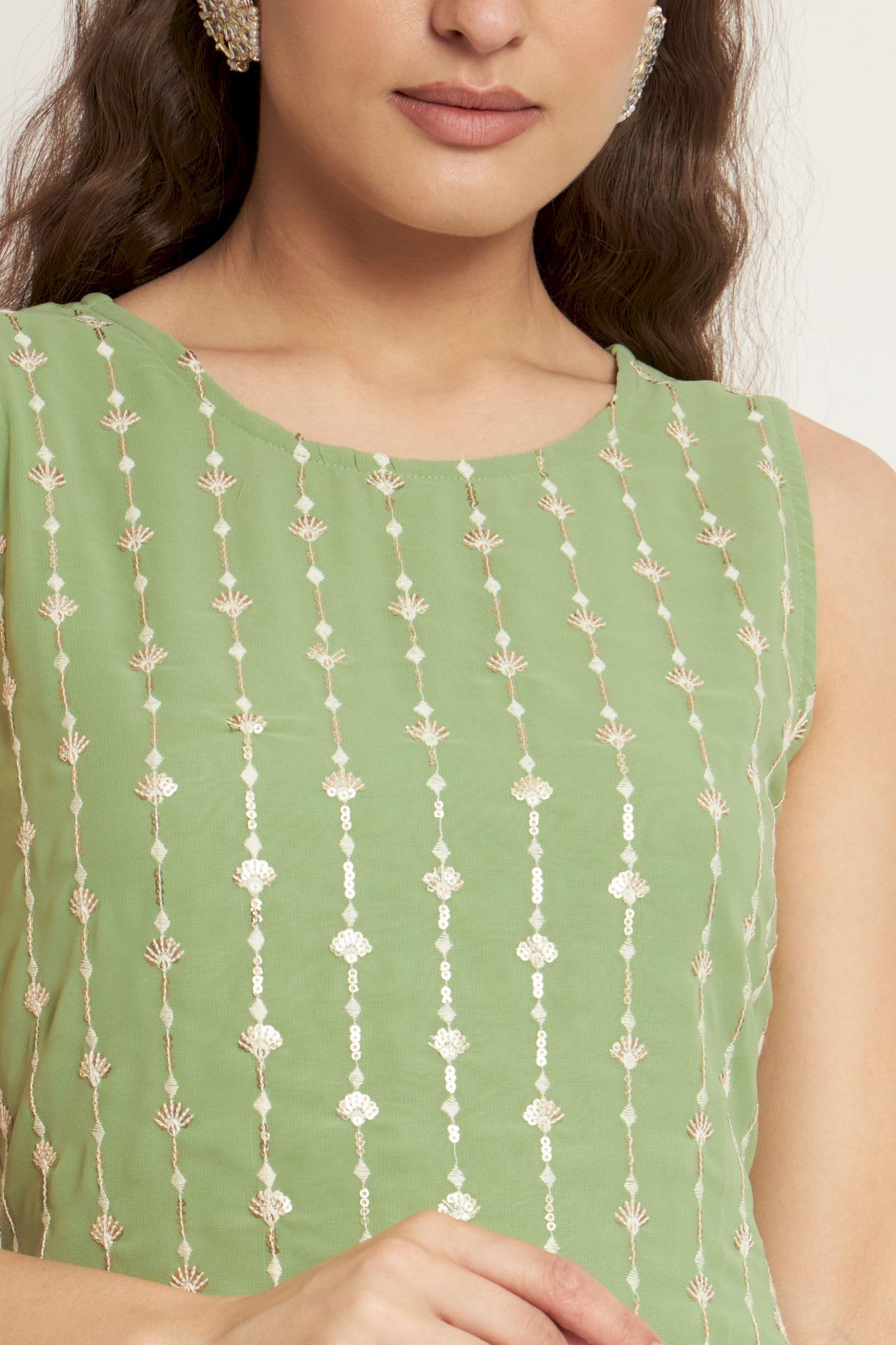 SHOPPING QUEEN Women's Georgette Kurta Sharara Set with Dupatta - Pista - Image 3