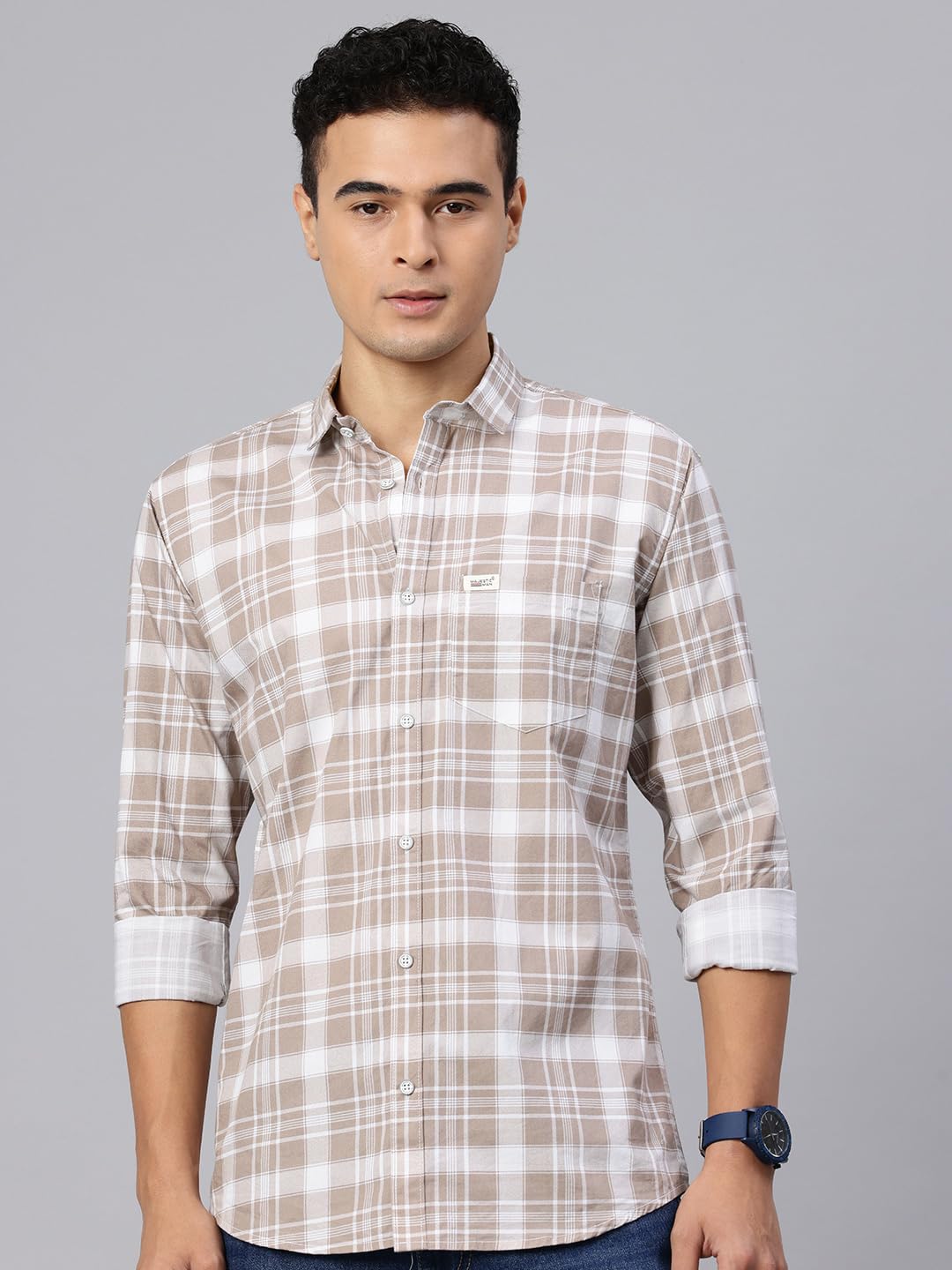 Majestic Man Checked Cotton Shirt - Dusty Brown - Image 2