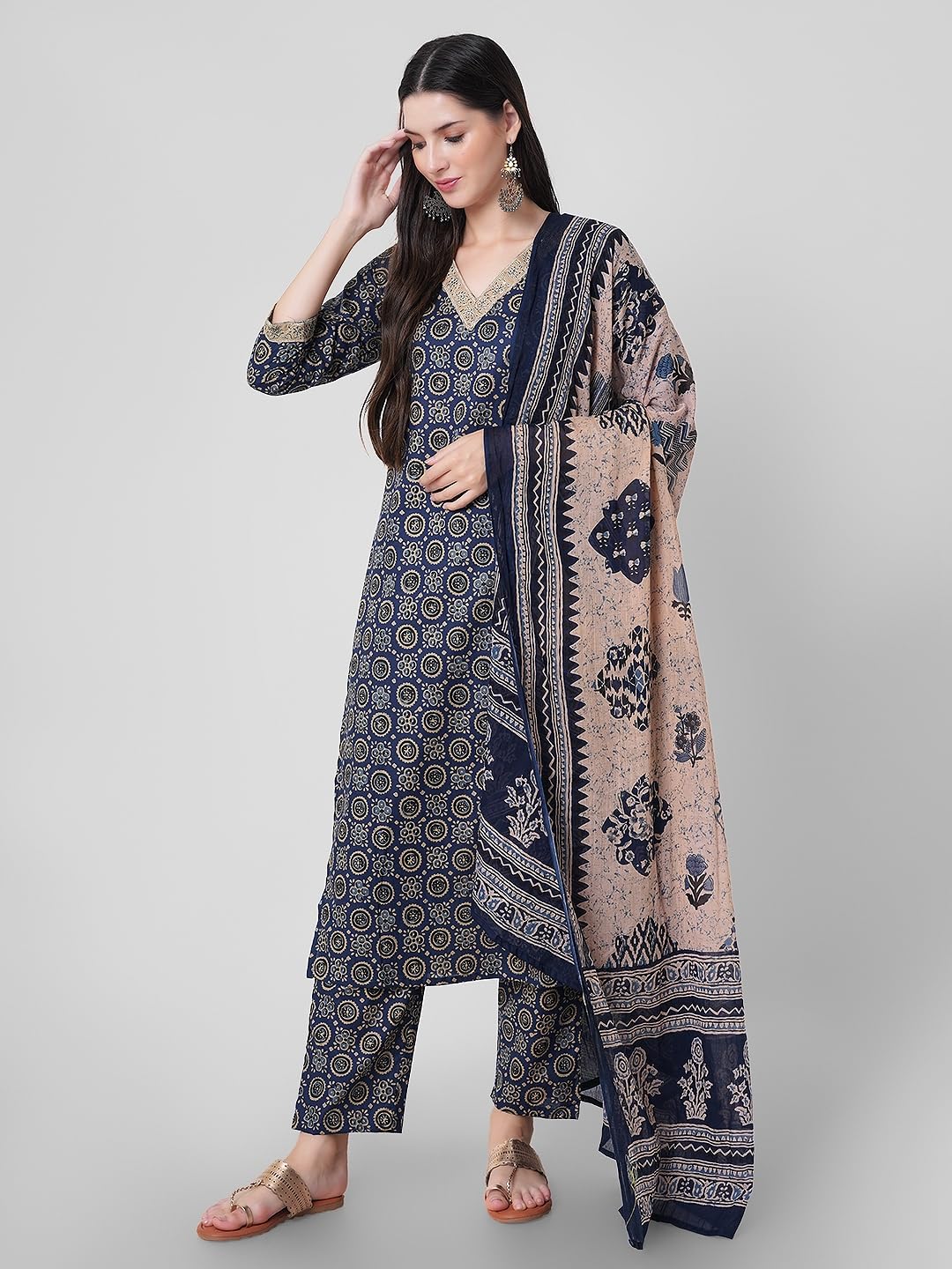 Arayna Women Cotton Block Printed Kurta Set - Blue - Image 3