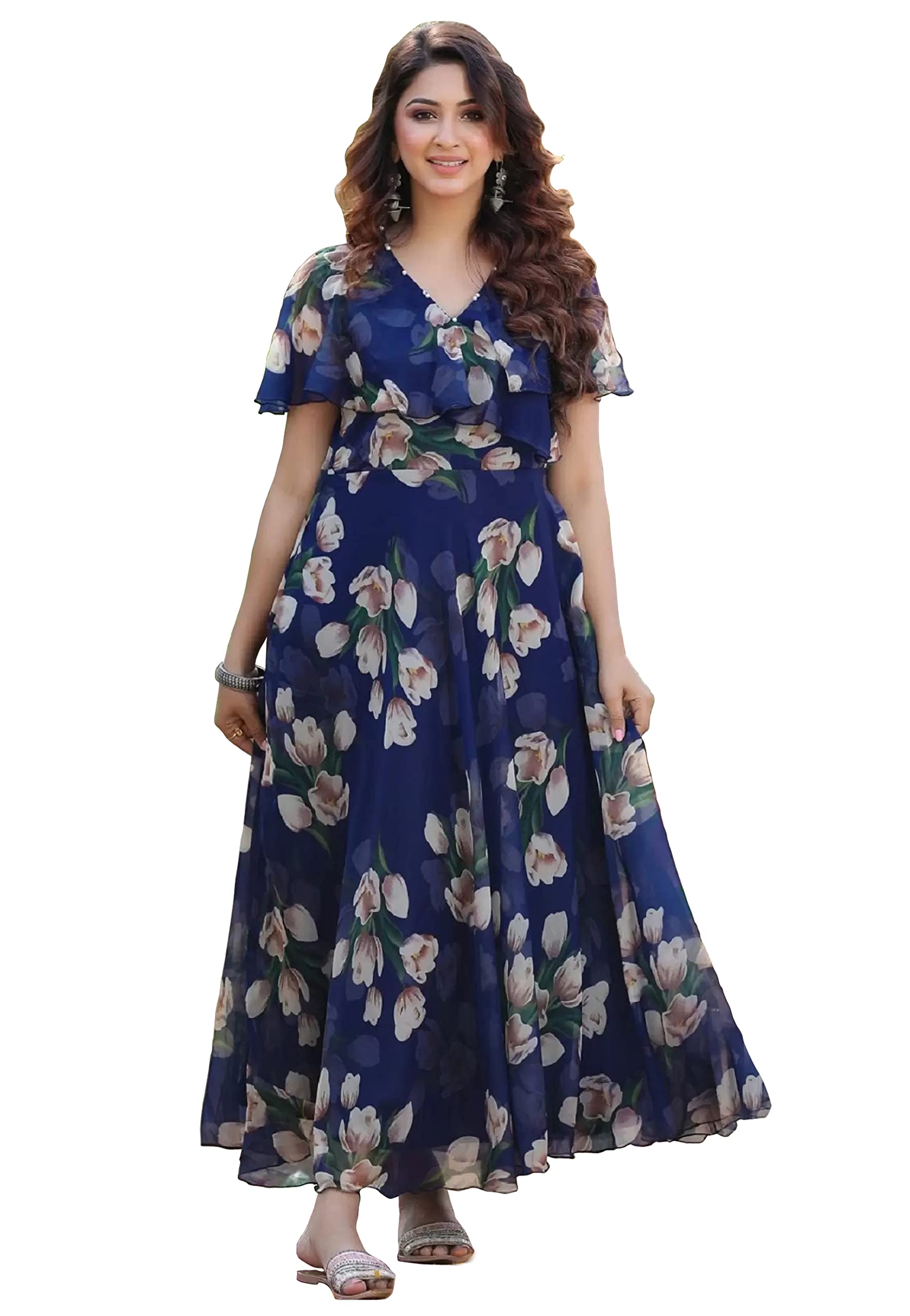 Shasmi Women's Georgette Floral Maxi Gown - Navy Blue