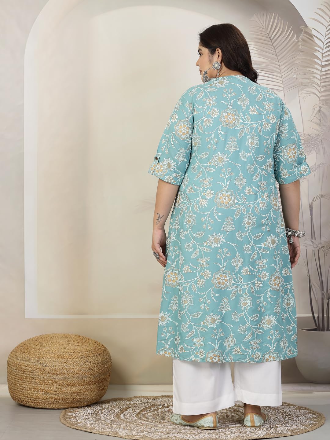 Stylum Women's Floral Print Rayon A-Line Kurta - Aqua - Image 2