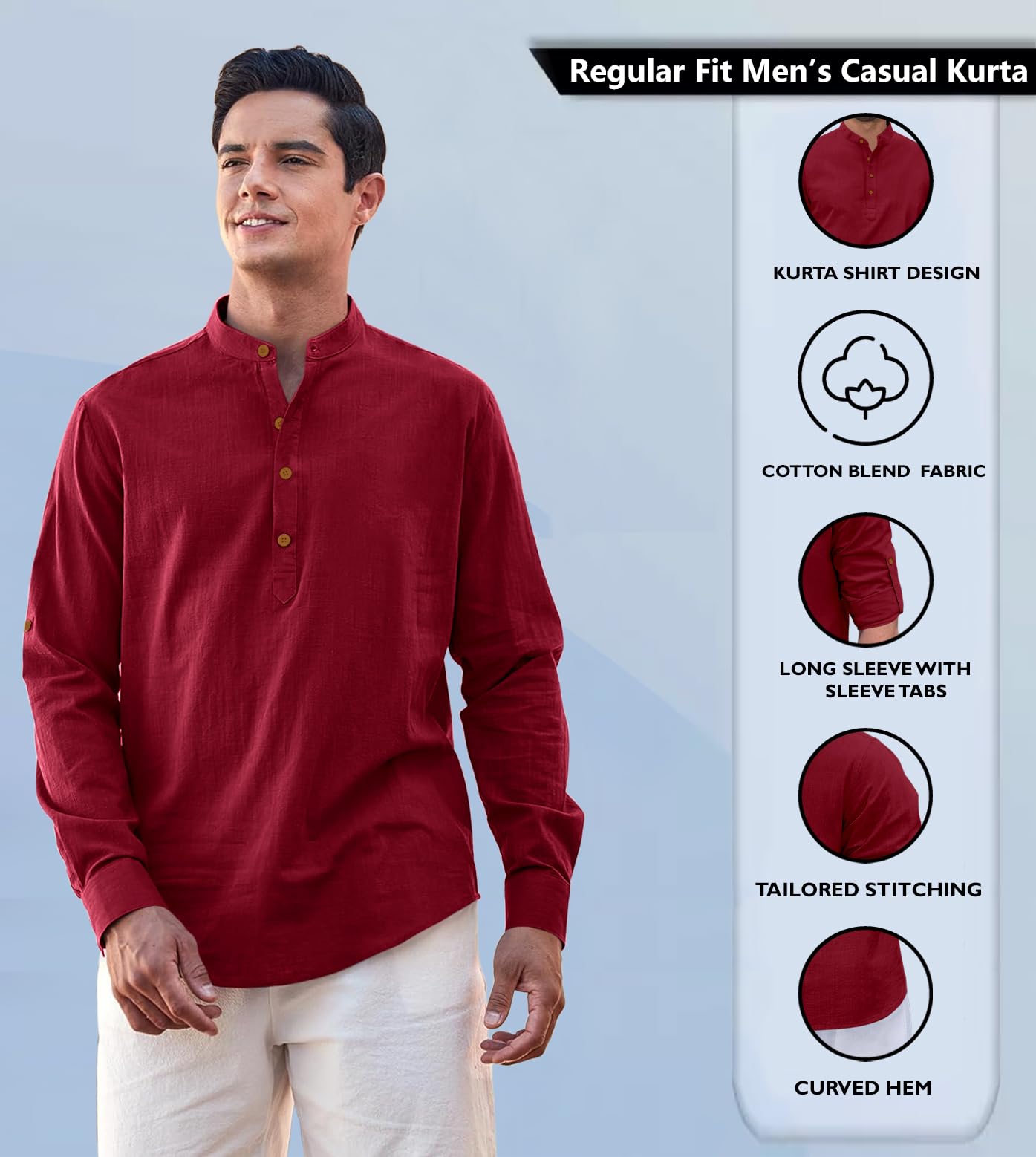 Zombom Maroon Cotton Blend Kurta for Men - Image 2