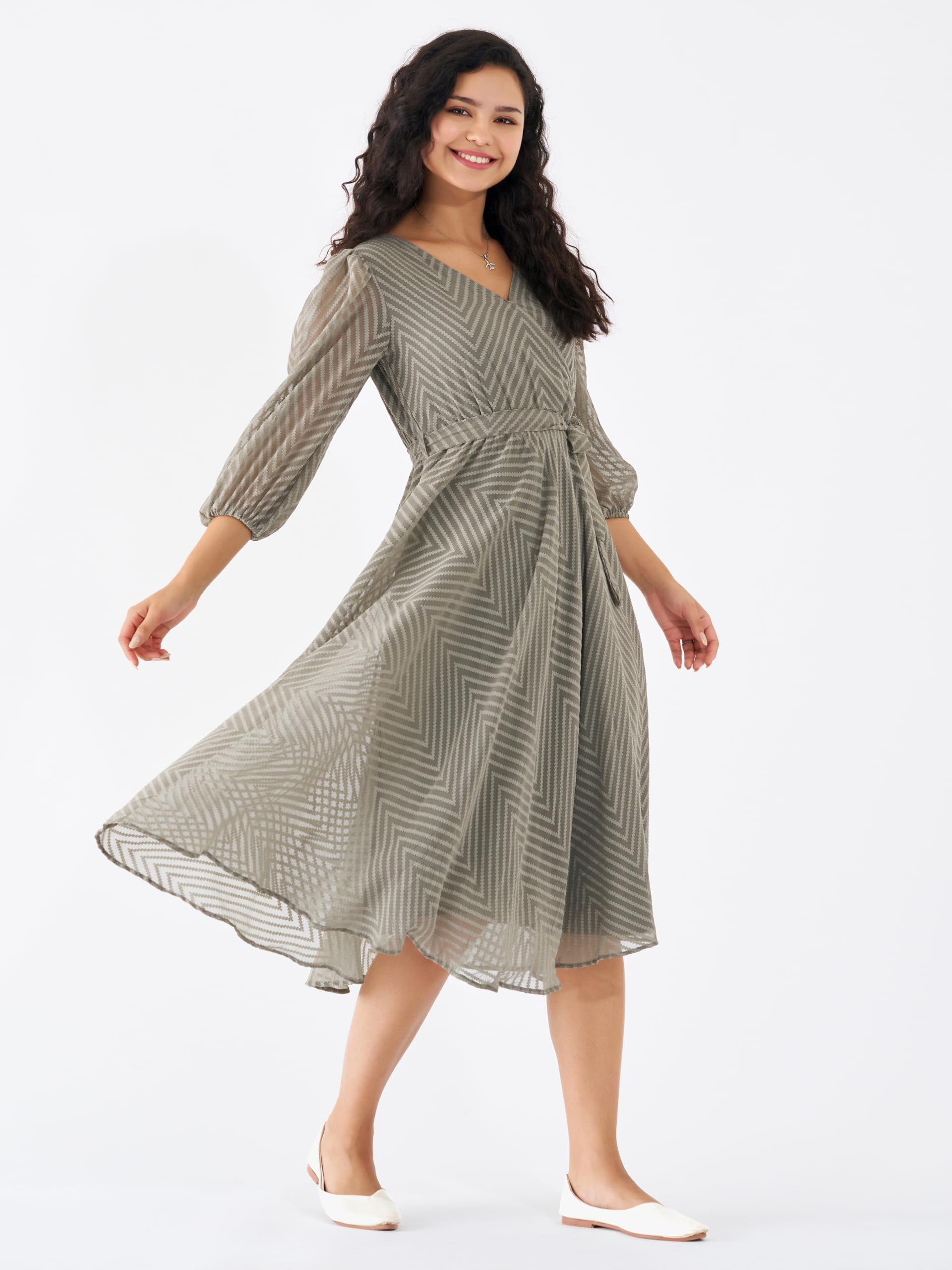 AASK Grey Fit & Flare Dress for Women - Image 2