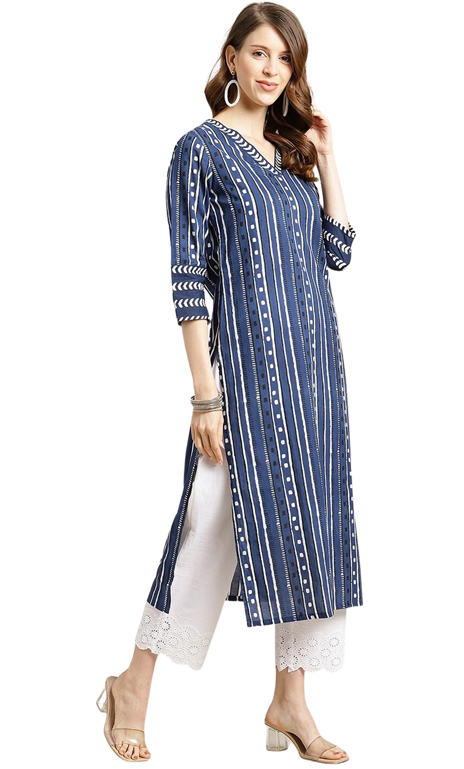Blue Cotton Printed Straight Kurti for Women - Image 2