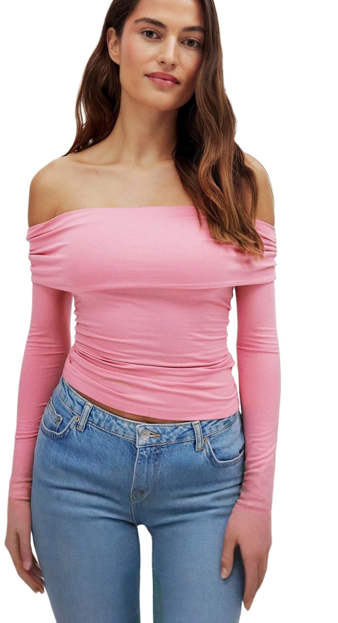 SIGHTBOMB Off Shoulder Ruched Long Sleeve TEE - Microfiber