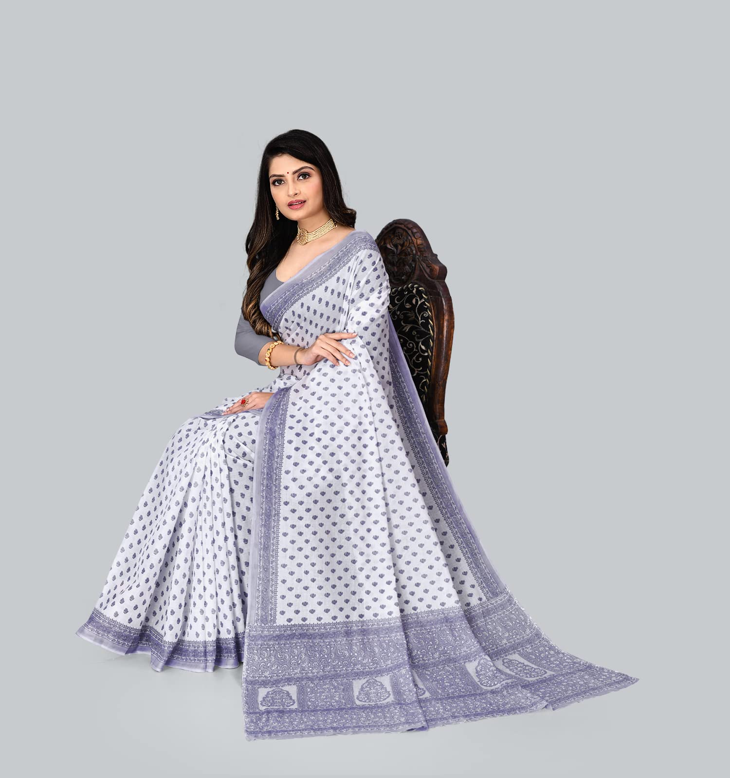 RATAN Women Cotton Saree - Grey White - Image 5